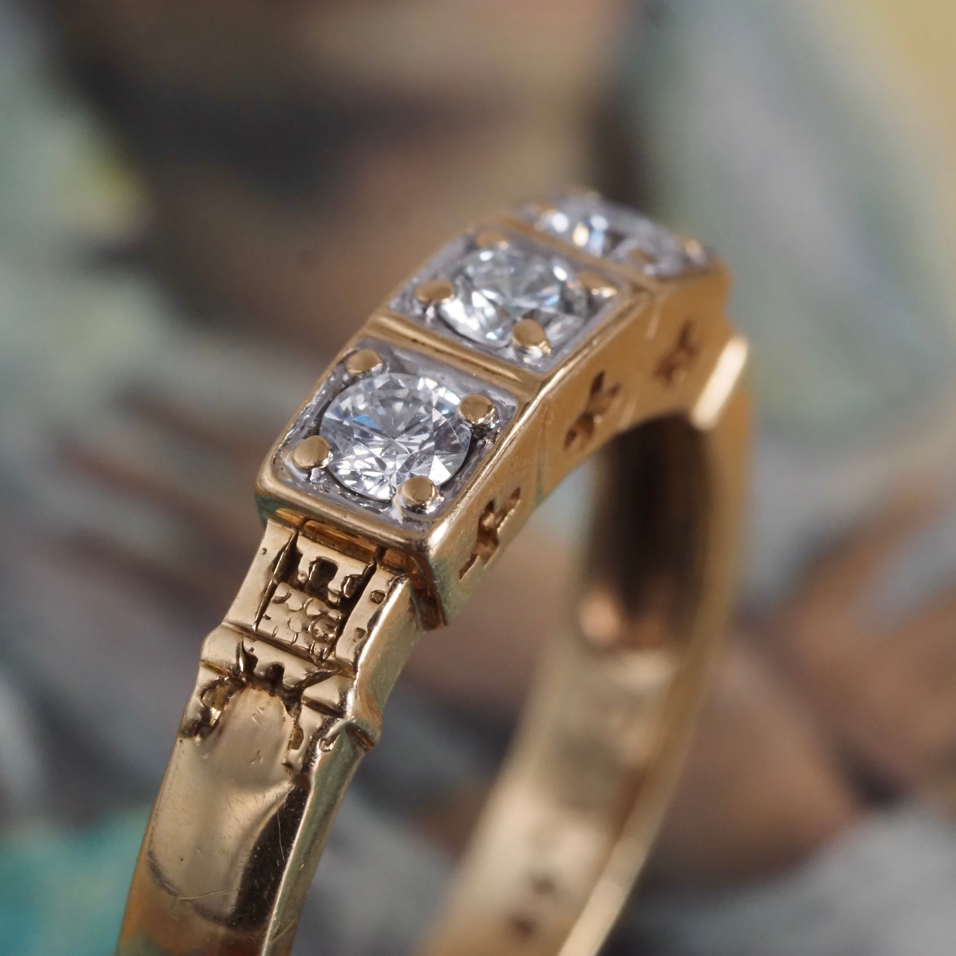 Vintage English Diamond Trilogy 18k Gold Castle Ring