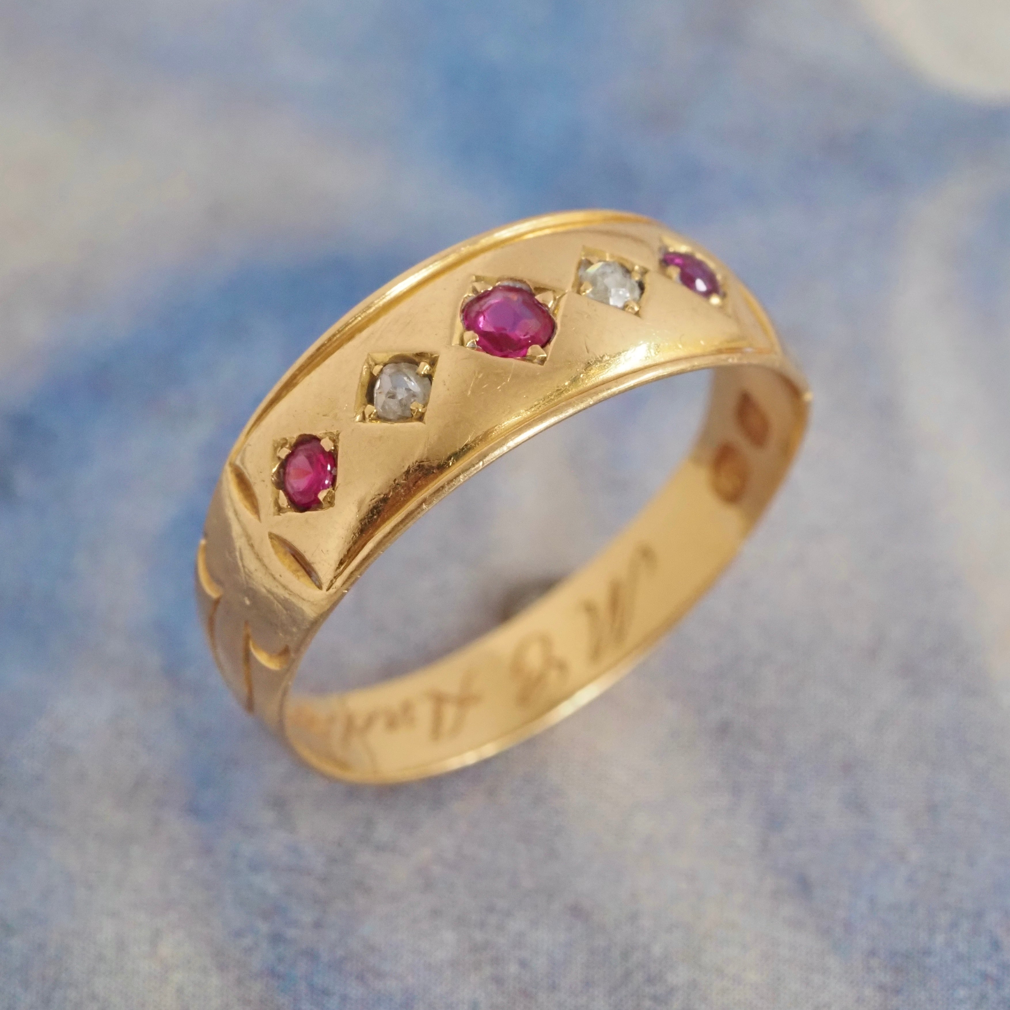 Antique English 18k Gold Natural Ruby and Rose Cut Diamond Flush Set Ring