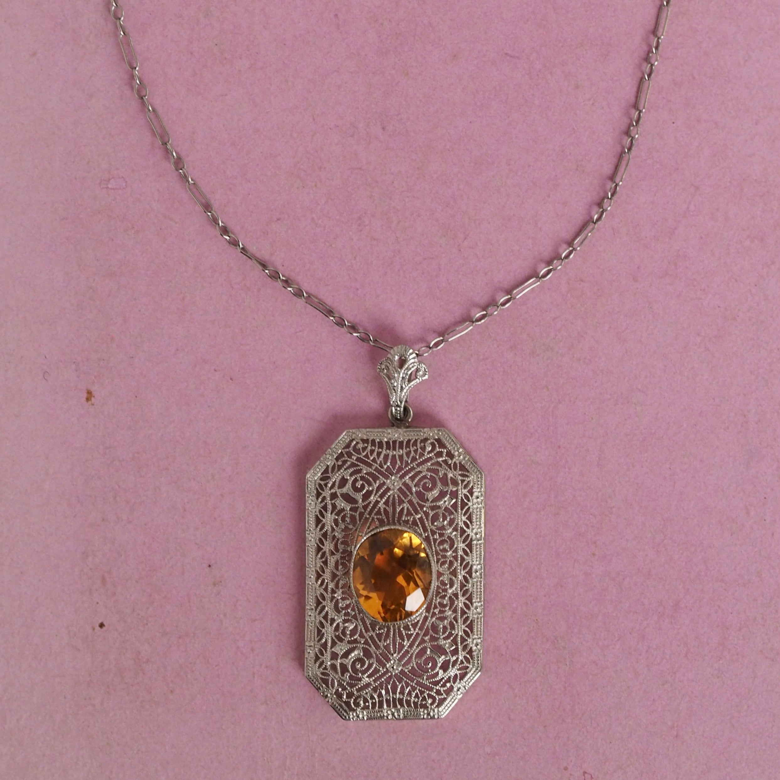 Antique Art Deco White Gold Filigree Citrine Pendant