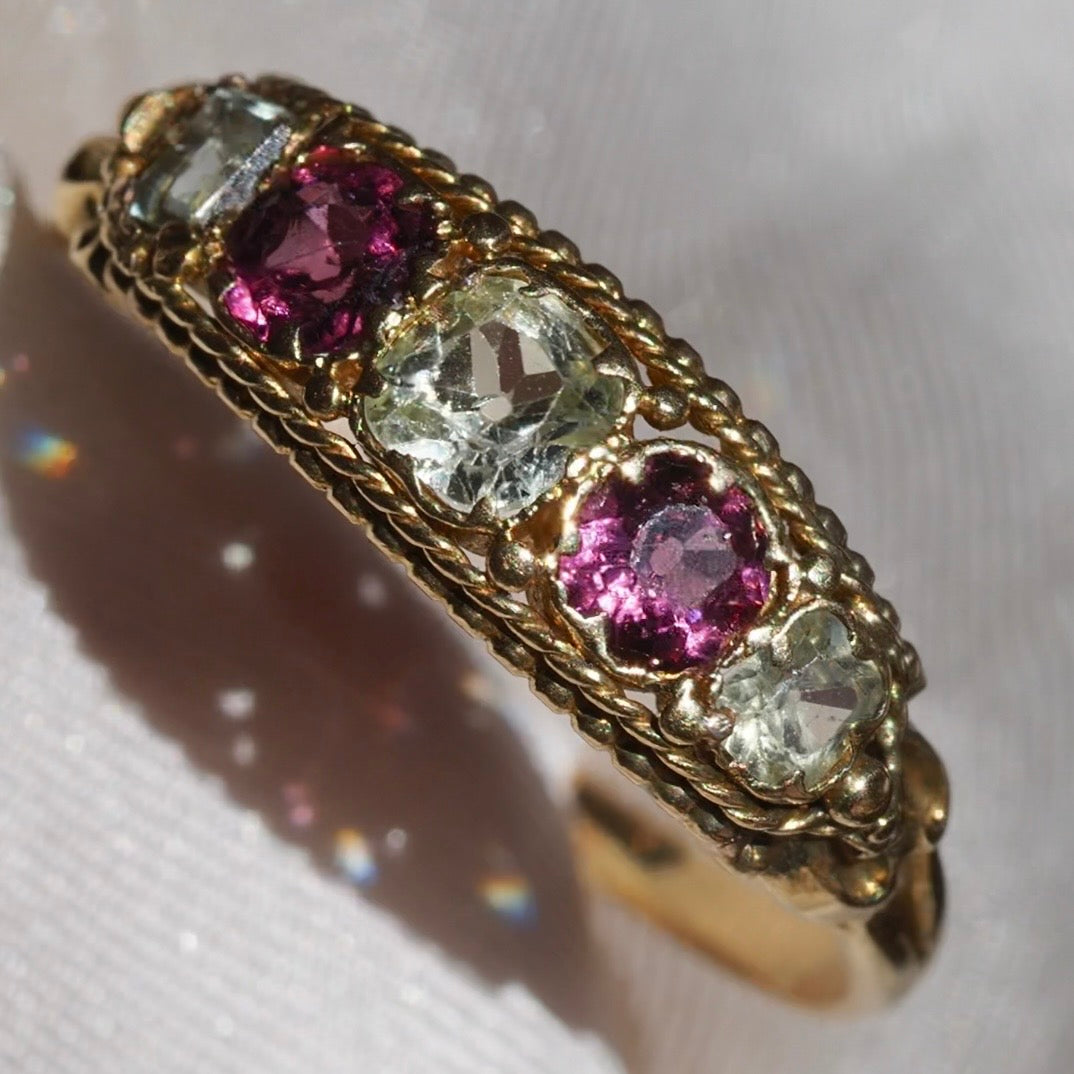 Antique Victorian Five Stone Chrysoberyl Garnet Emerald 18k Gold Ring