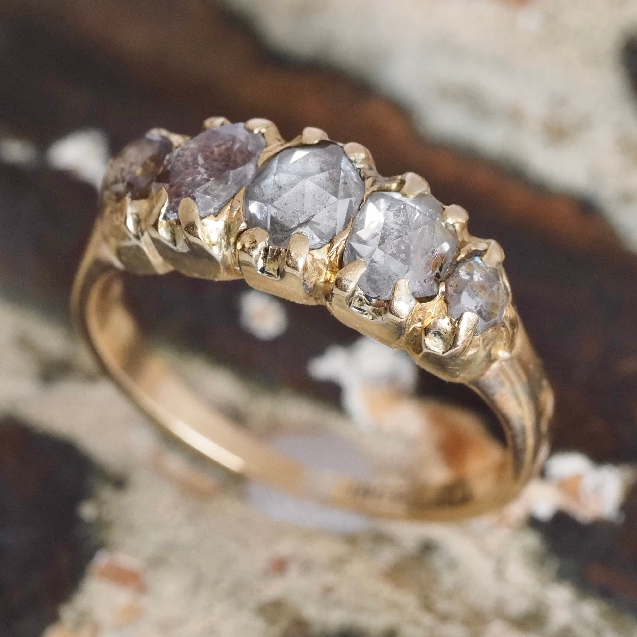 Antique Victorian 18k Gold Foil Backed Rose Cut Diamond Five Stone Ring