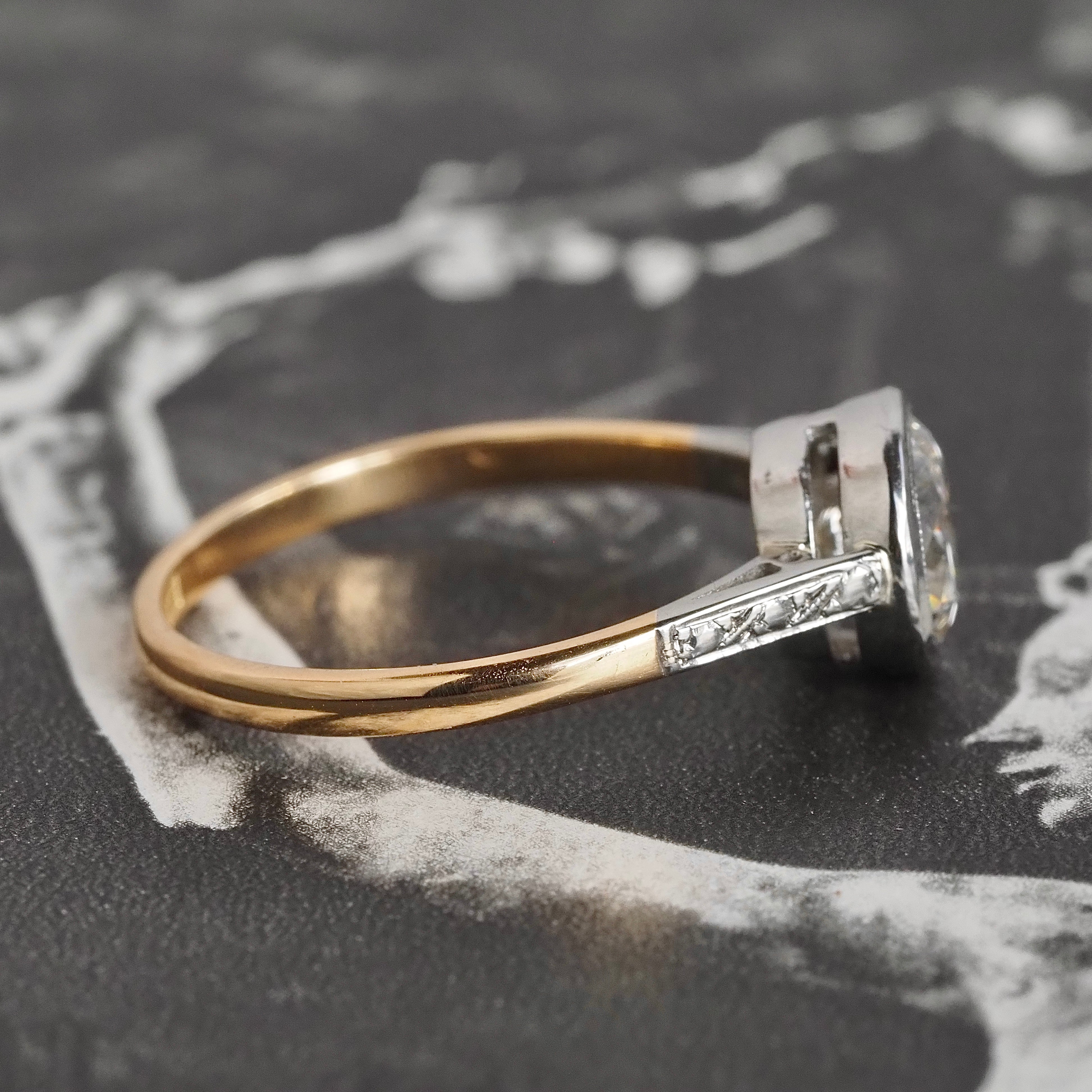 Antique 18k Gold and Platinum Engagement Ring with Vintage 1.24ct Round Brilliant Cut Diamond