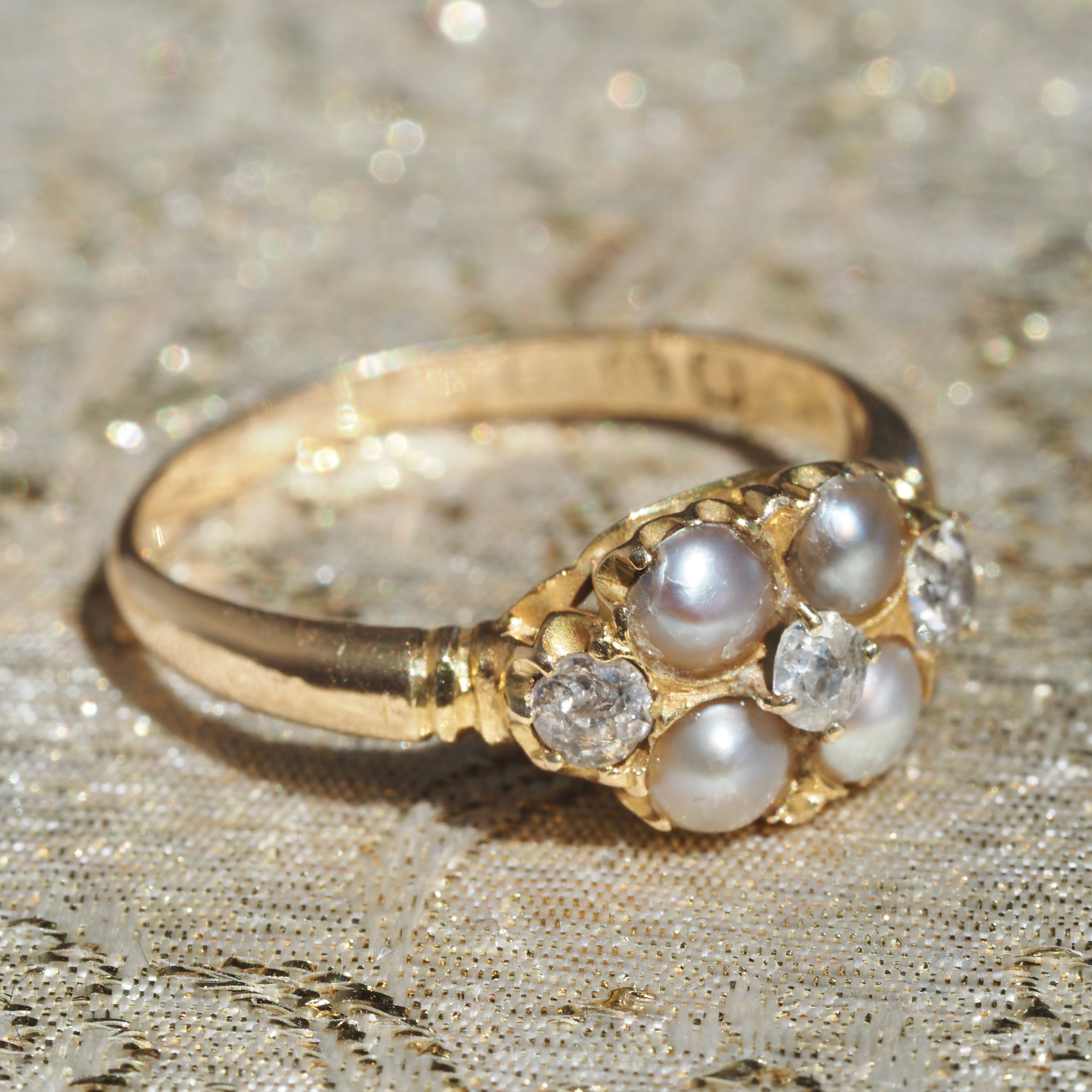 Early Victorian English Natural Grey Pearl Old Mine Cut Diamond Cluster 18k Gold Ring