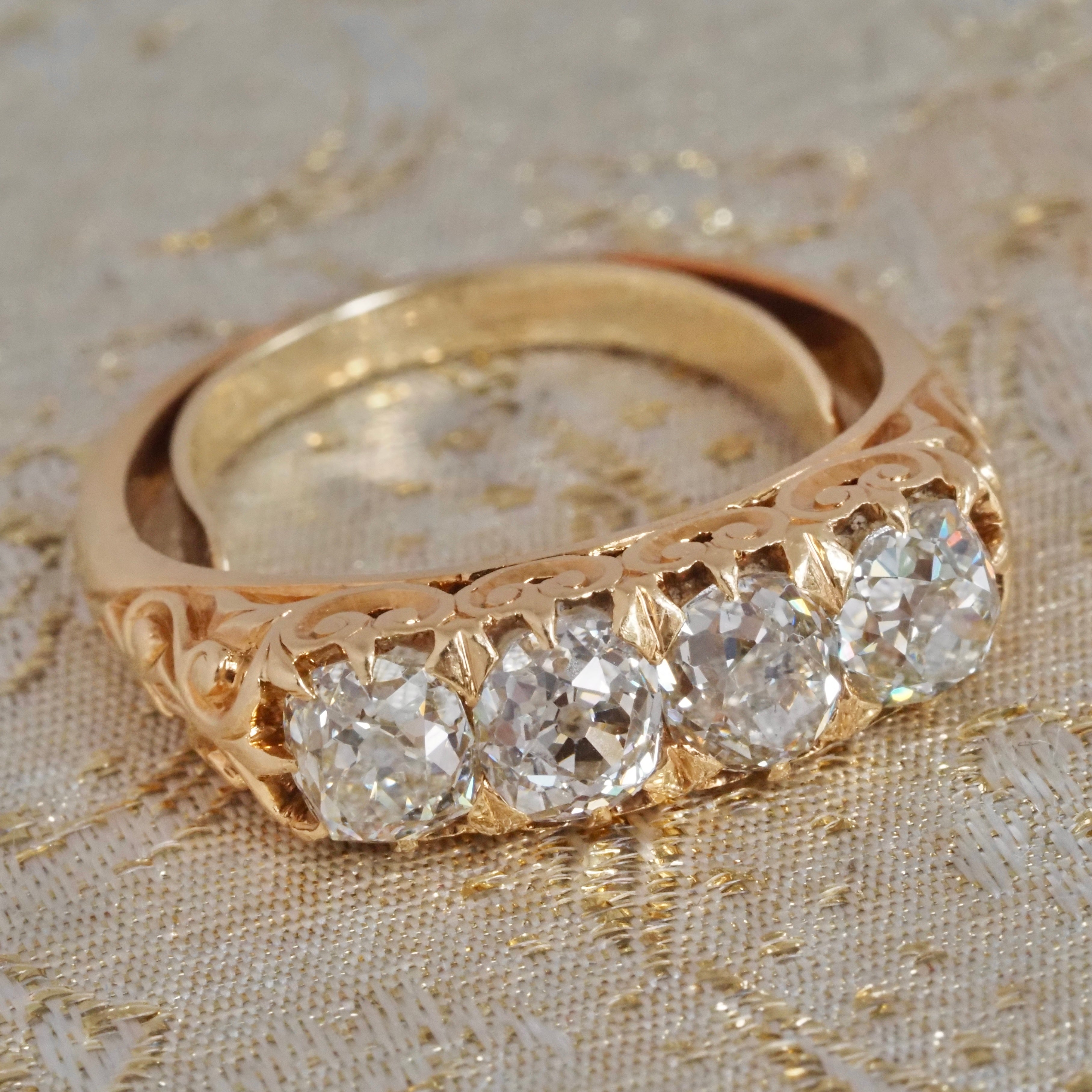 Antique Old Mine Cut Diamond 18k Gold Half Hoop Engagement Ring