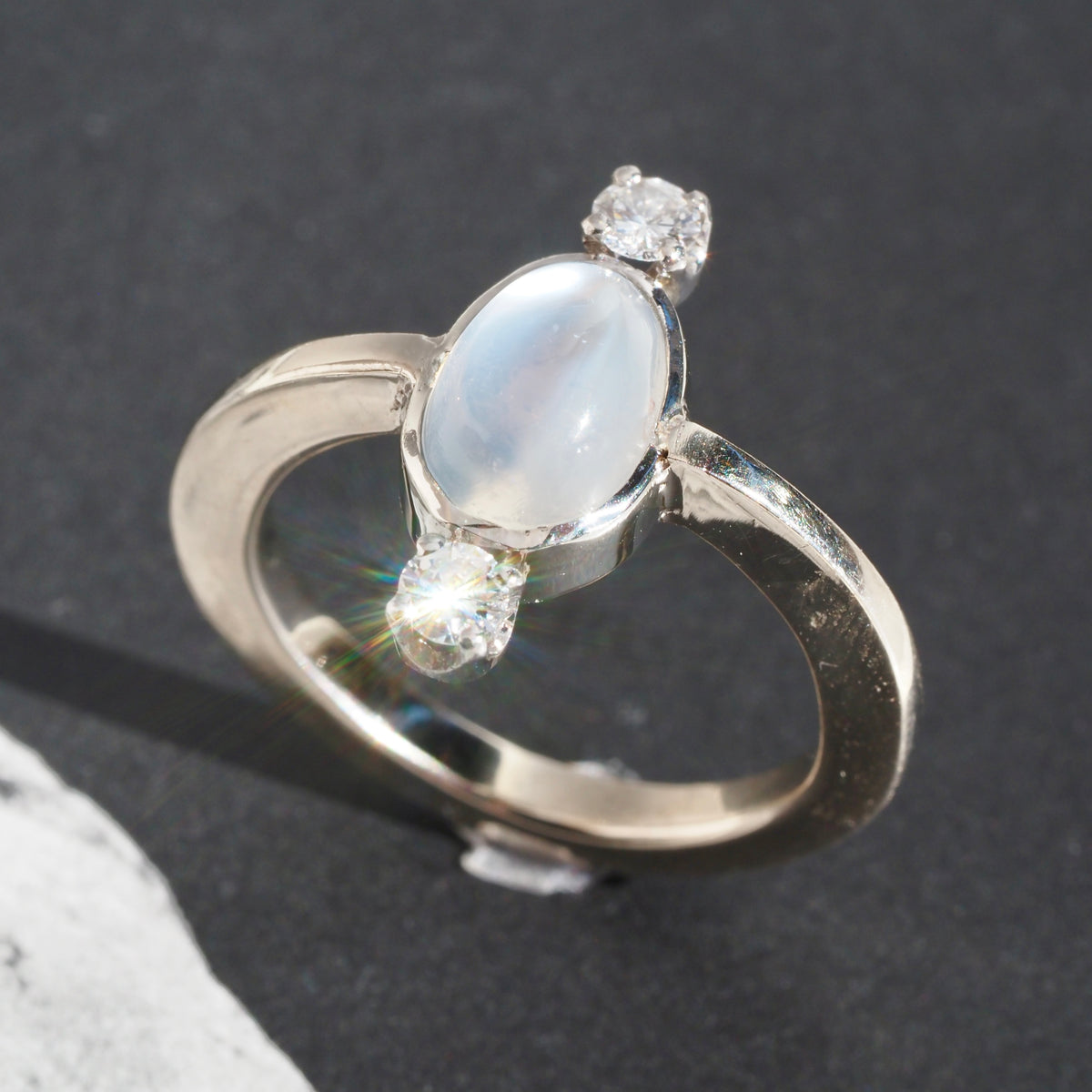 Antique Victorian Moonstone Diamond Palladium and 14k White Gold Ring