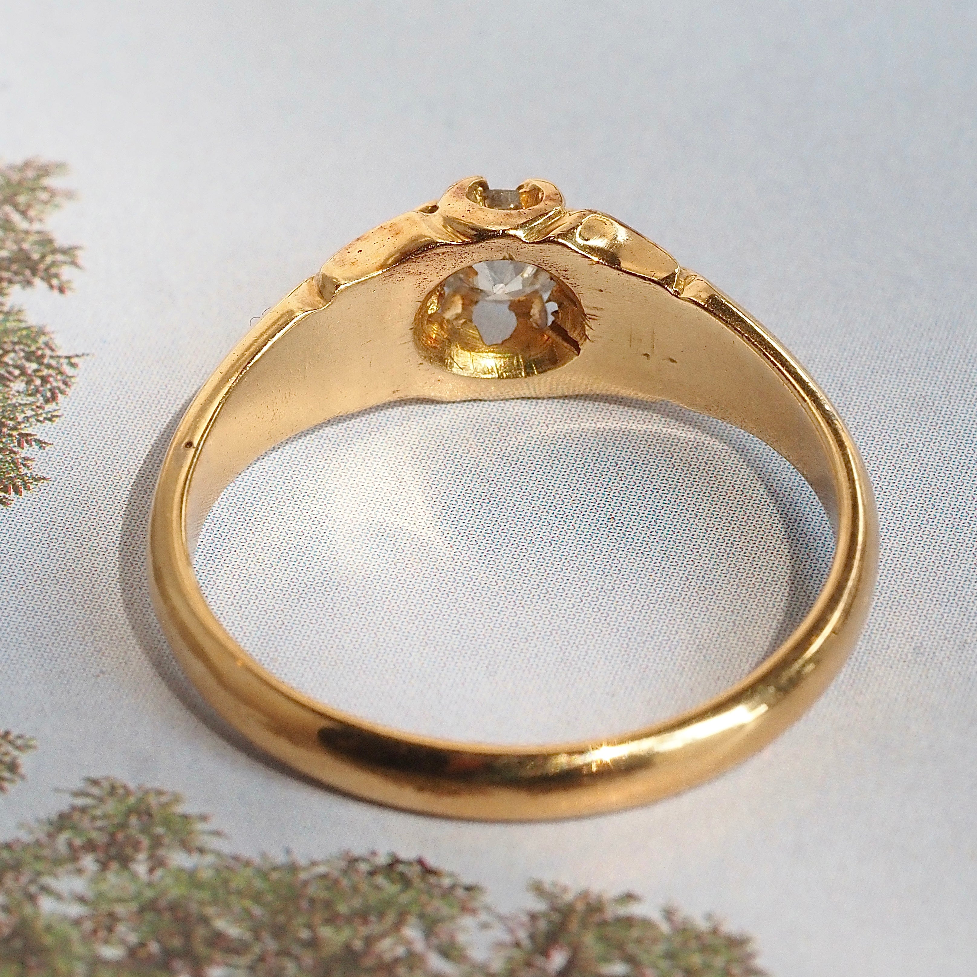 Antique Victorian English 18k Gold Old Mine Cut Diamond Belcher Engagement Ring