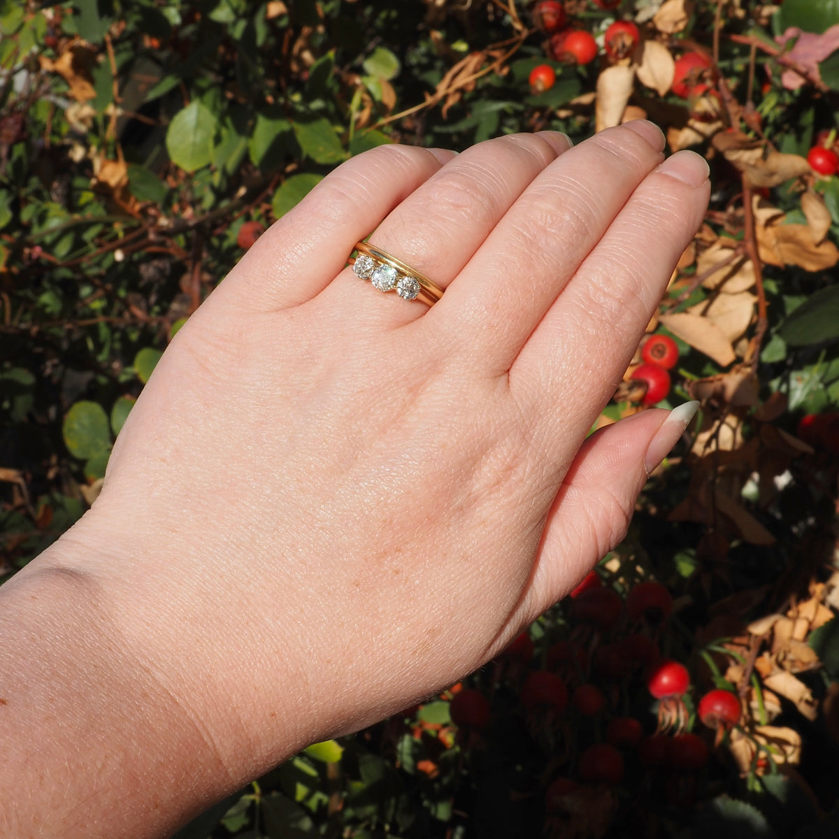Antique Trilogy Old Mine Cut Diamond 14k Gold Engagement Ring