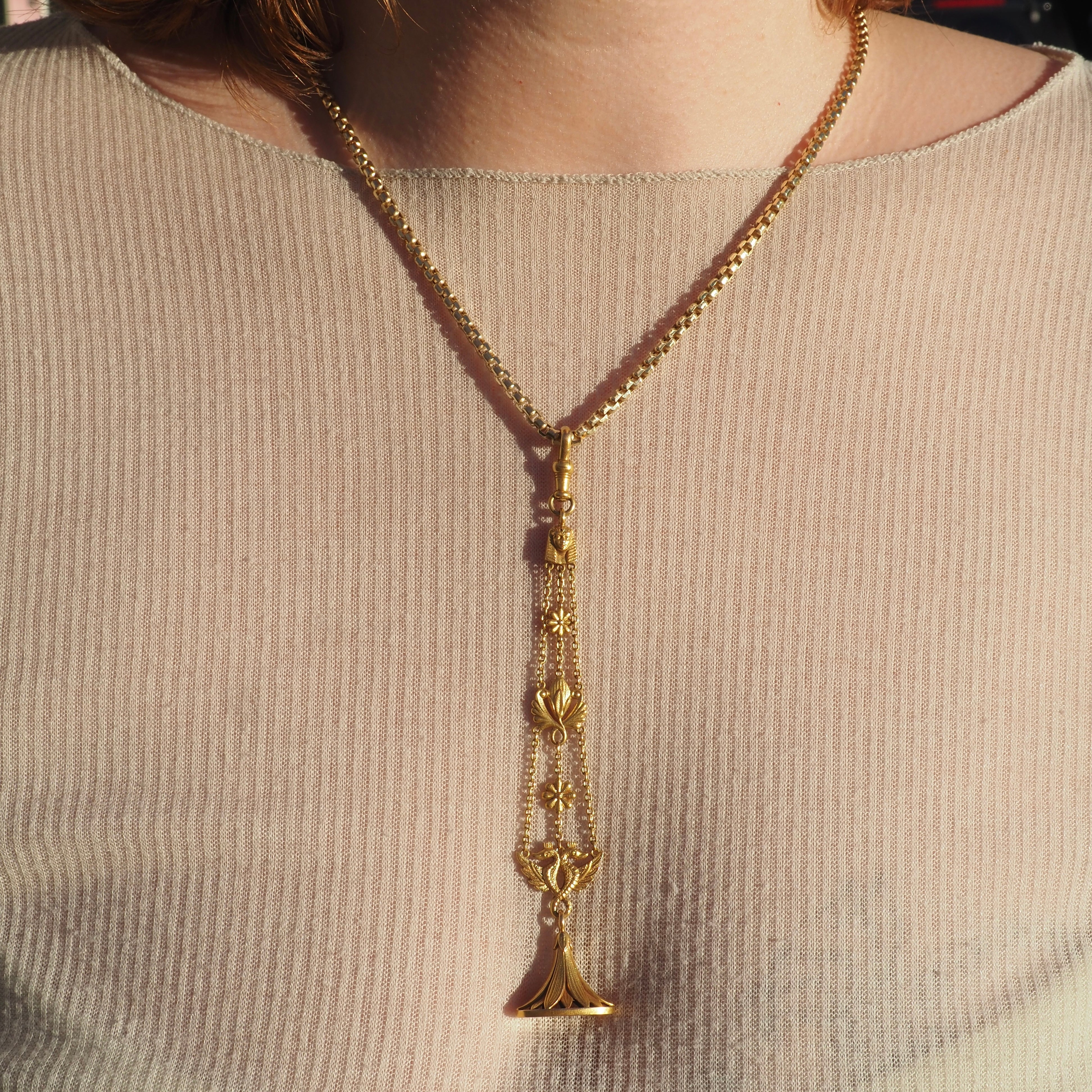 Antique Victorian Egyptian Revival Bloomed 14k Gold Floral Figurative Fob with Dog Clip