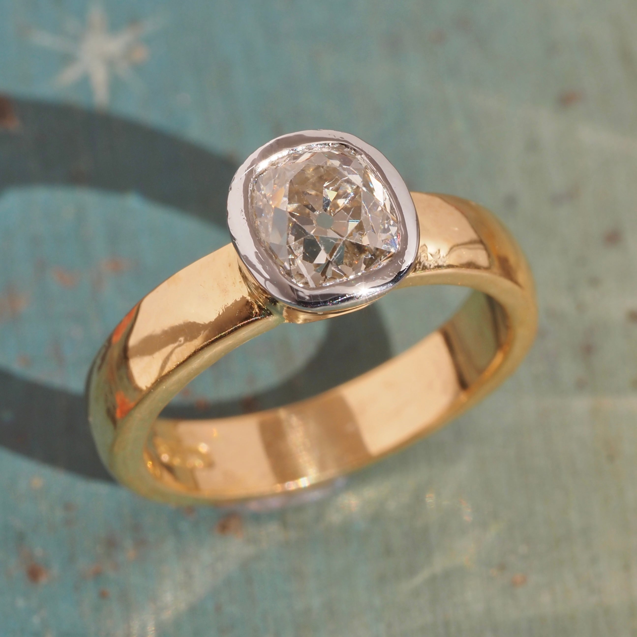 Vintage English 22k Gold Platinum Bezel Set 1.10ct Old Mine Cut Diamond Engagement Ring