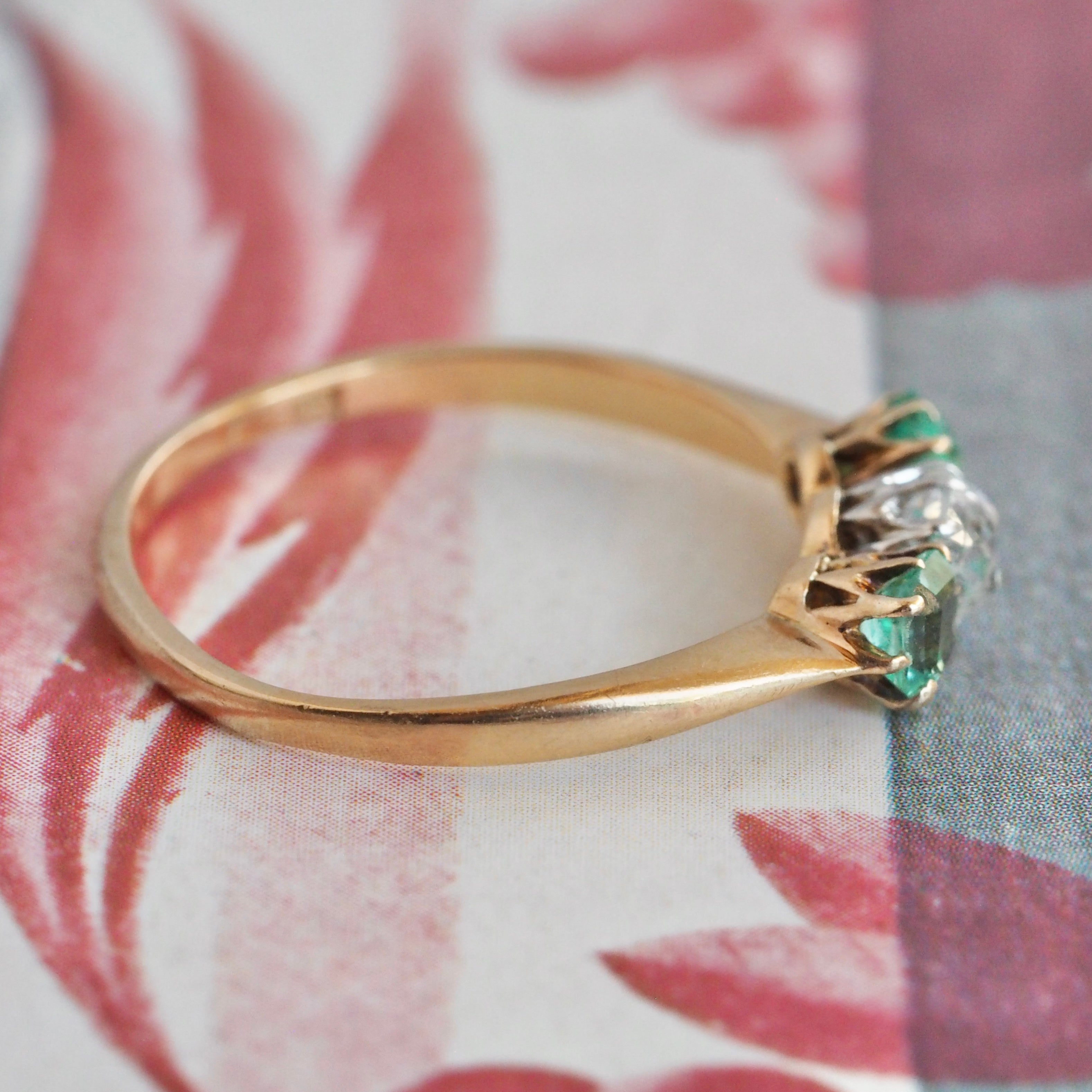 Antique Victorian 14k Gold Emerald and Old Mine Cut Diamond Trilogy Ring