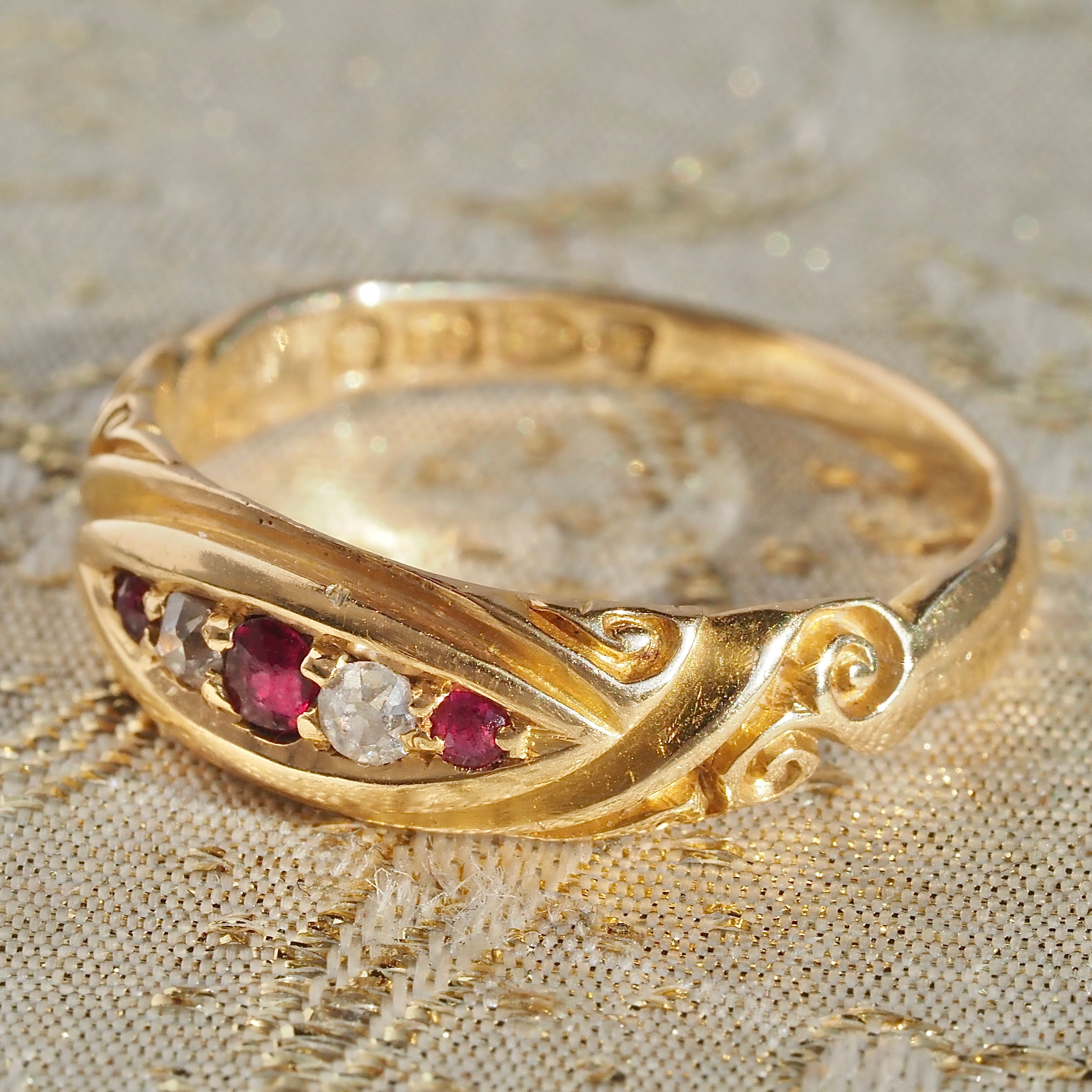 Antique English c. 1895 Old Mine Cut Diamond and Ruby 18k Gold Boat Ring