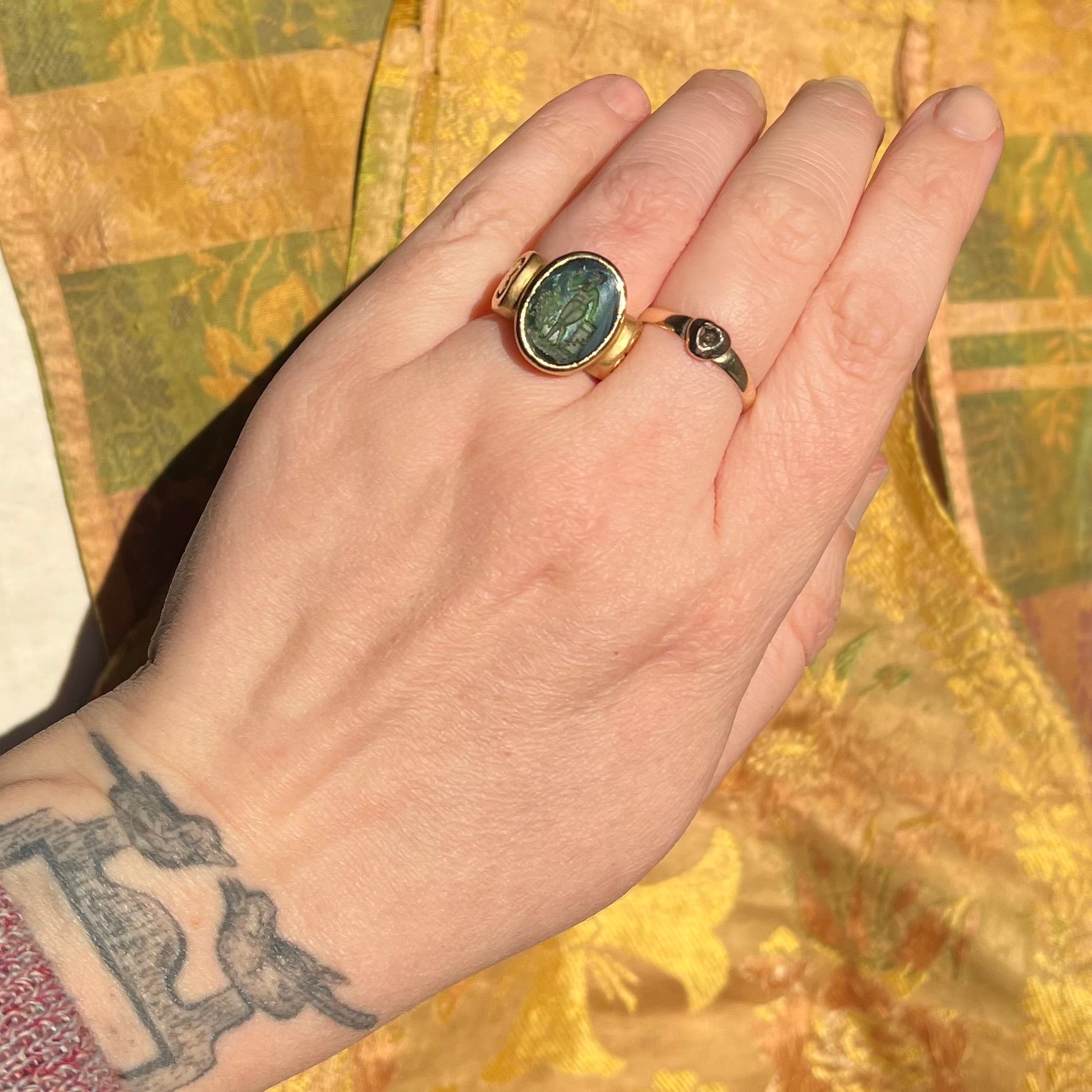 Vintage Classical Style Figurative Intaglio Green Tourmaline 18k Gold Signet Ring