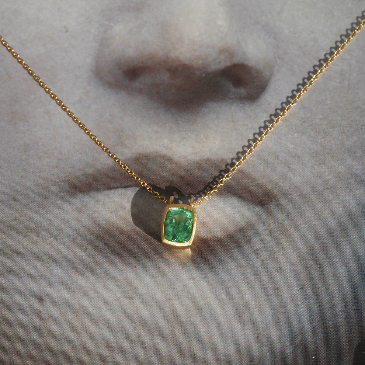 Emerald Brushed 14k Gold Necklace