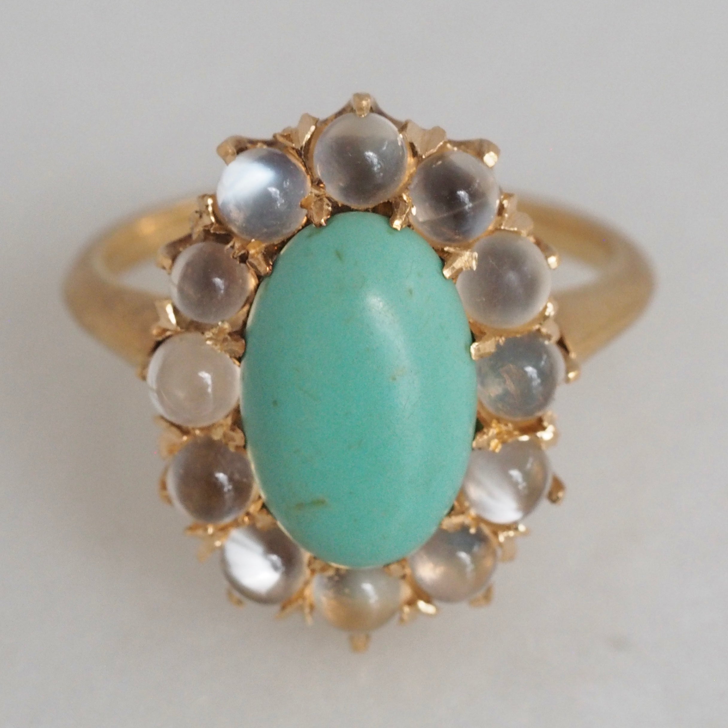 Antique Victorian 18k Gold Turquoise and Moonstone Halo Ring
