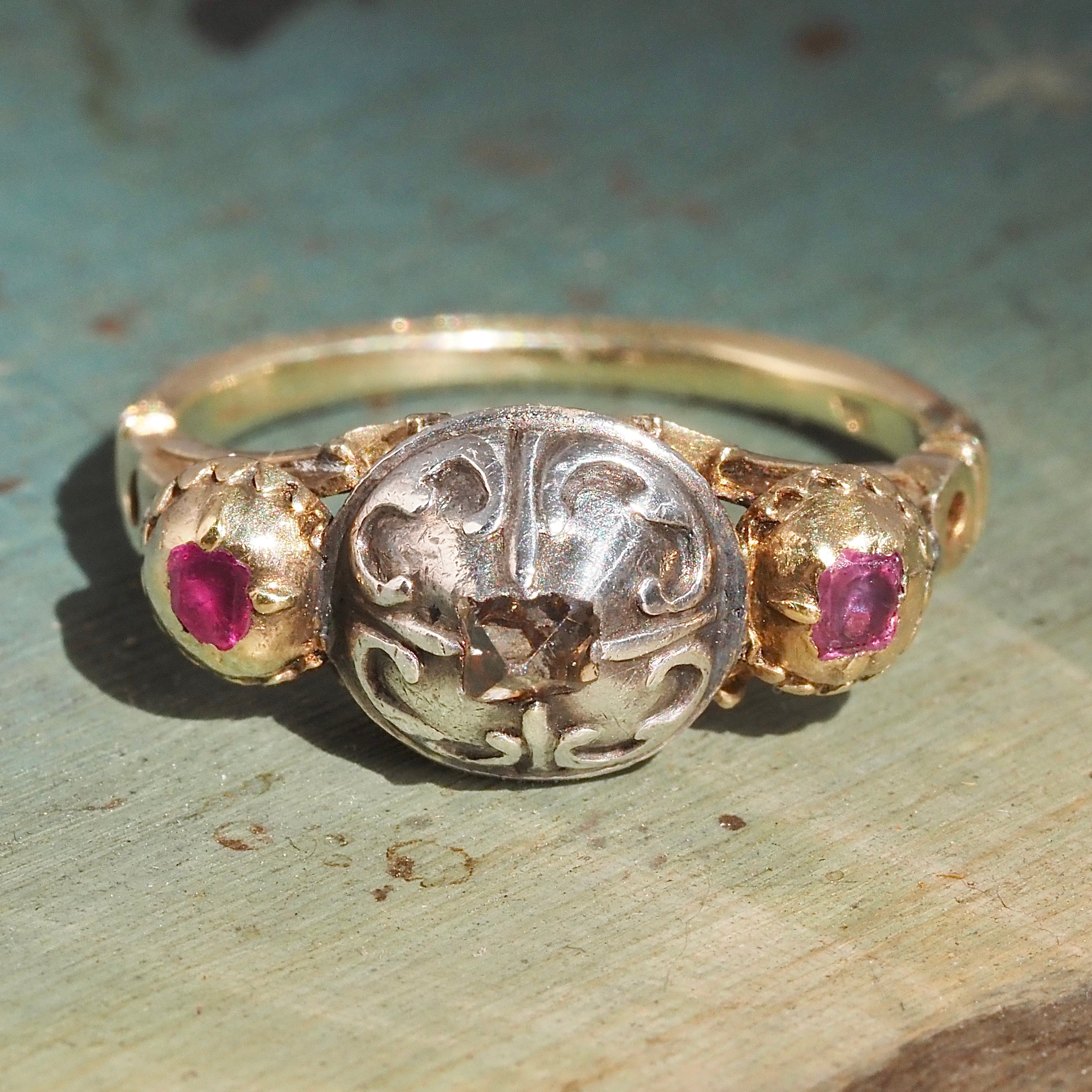Antique Late 17th Century Baroque 18k Gold and Sterling Silver Point Cut Diamond and Table Cut Ruby Ring