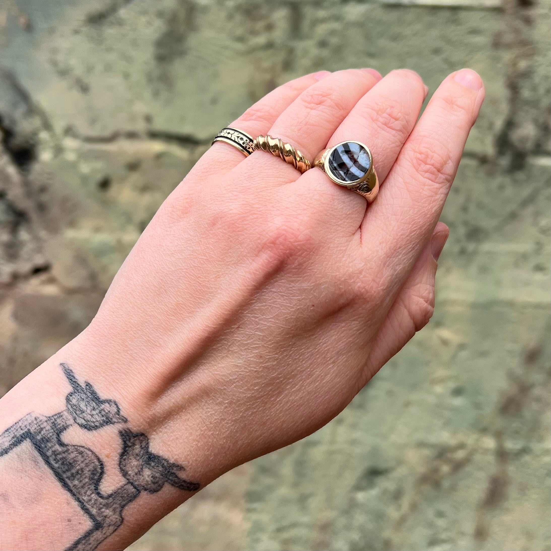 Vintage Enamel Floral 14k Gold Band