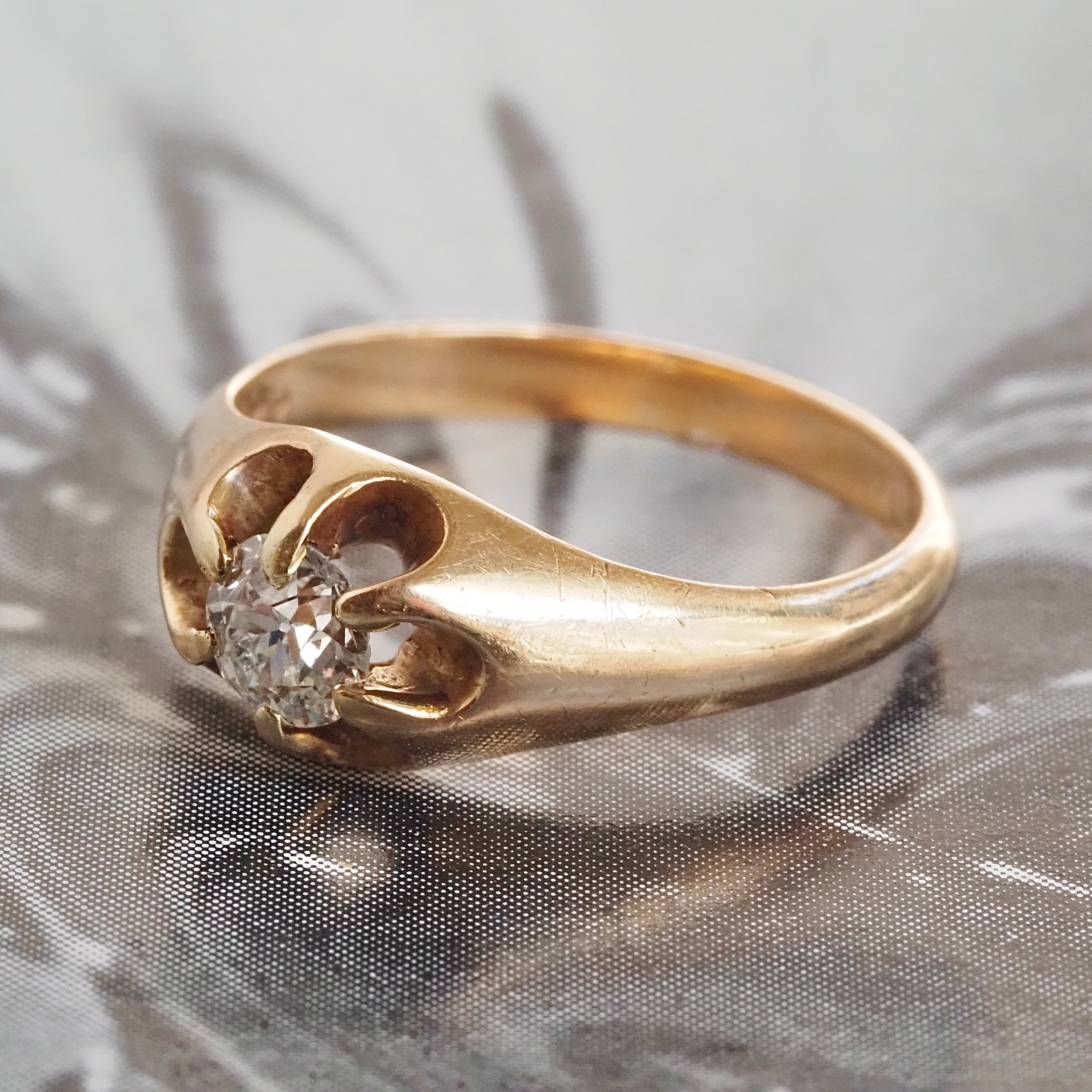 Antique Old Mine Cut Diamond Belcher Set 14k Gold Engagement Ring