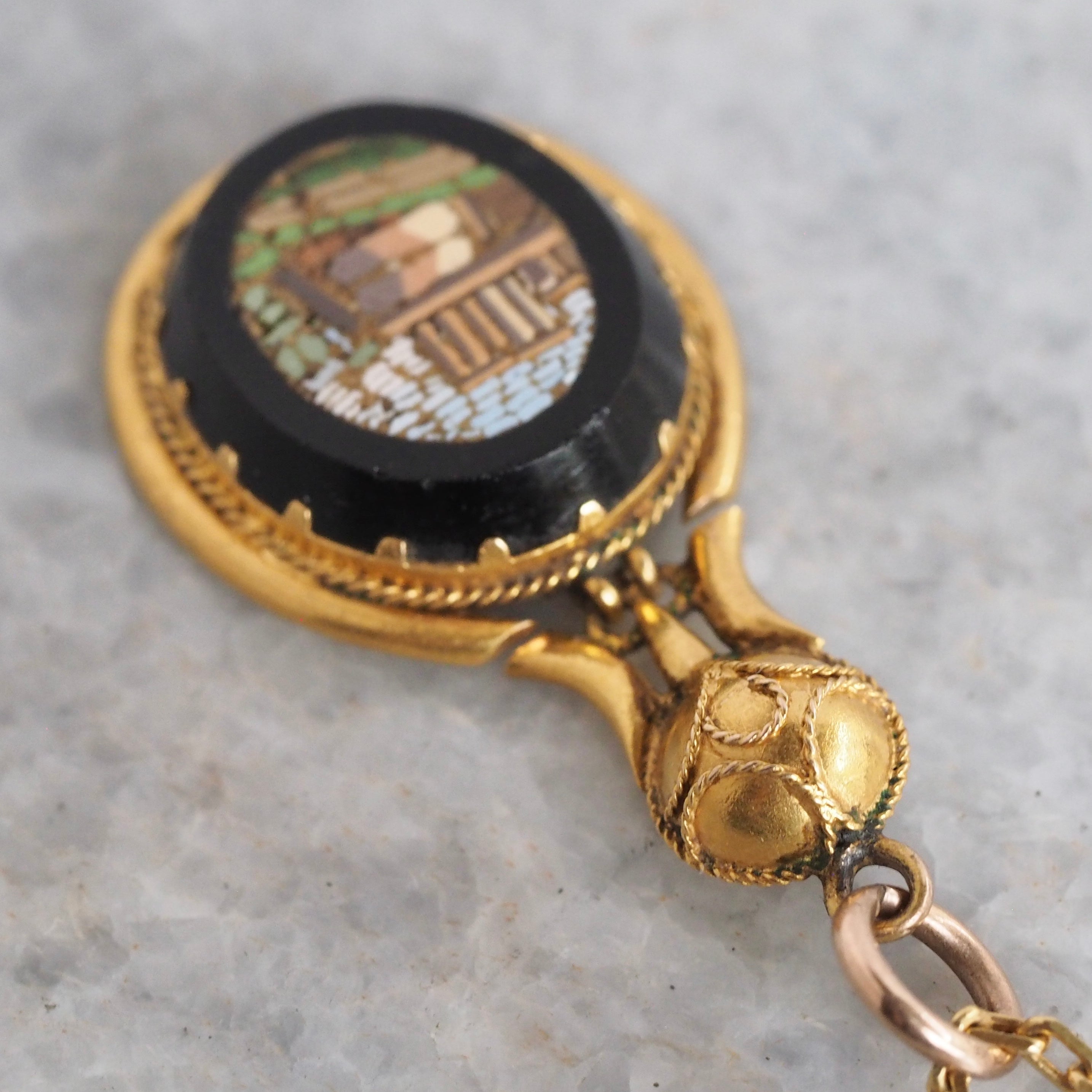 Antique Victorian Grand Tour 14k Gold Micro Mosaic Roman Ruins Pendant