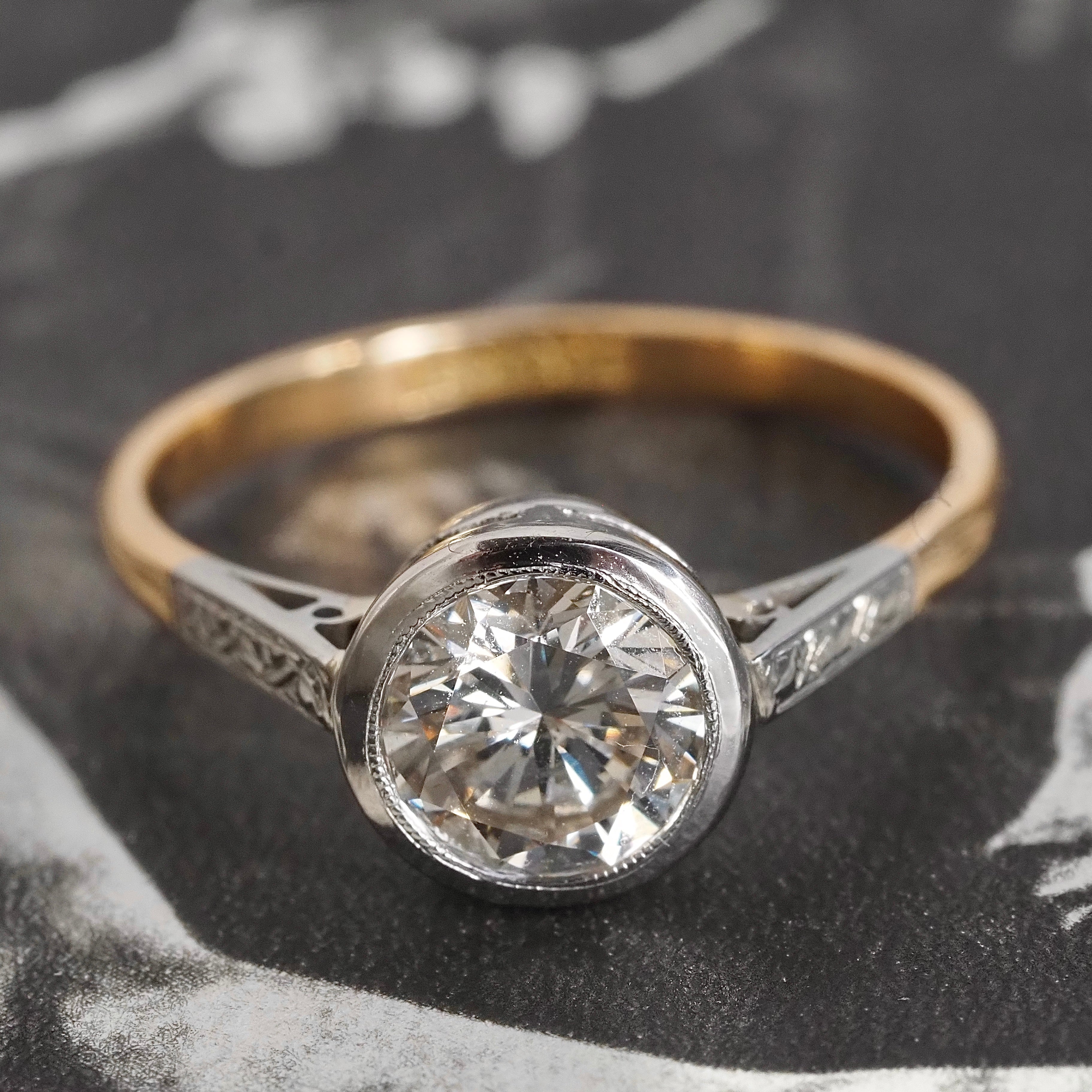 Antique 18k Gold and Platinum Engagement Ring with Vintage 1.24ct Round Brilliant Cut Diamond