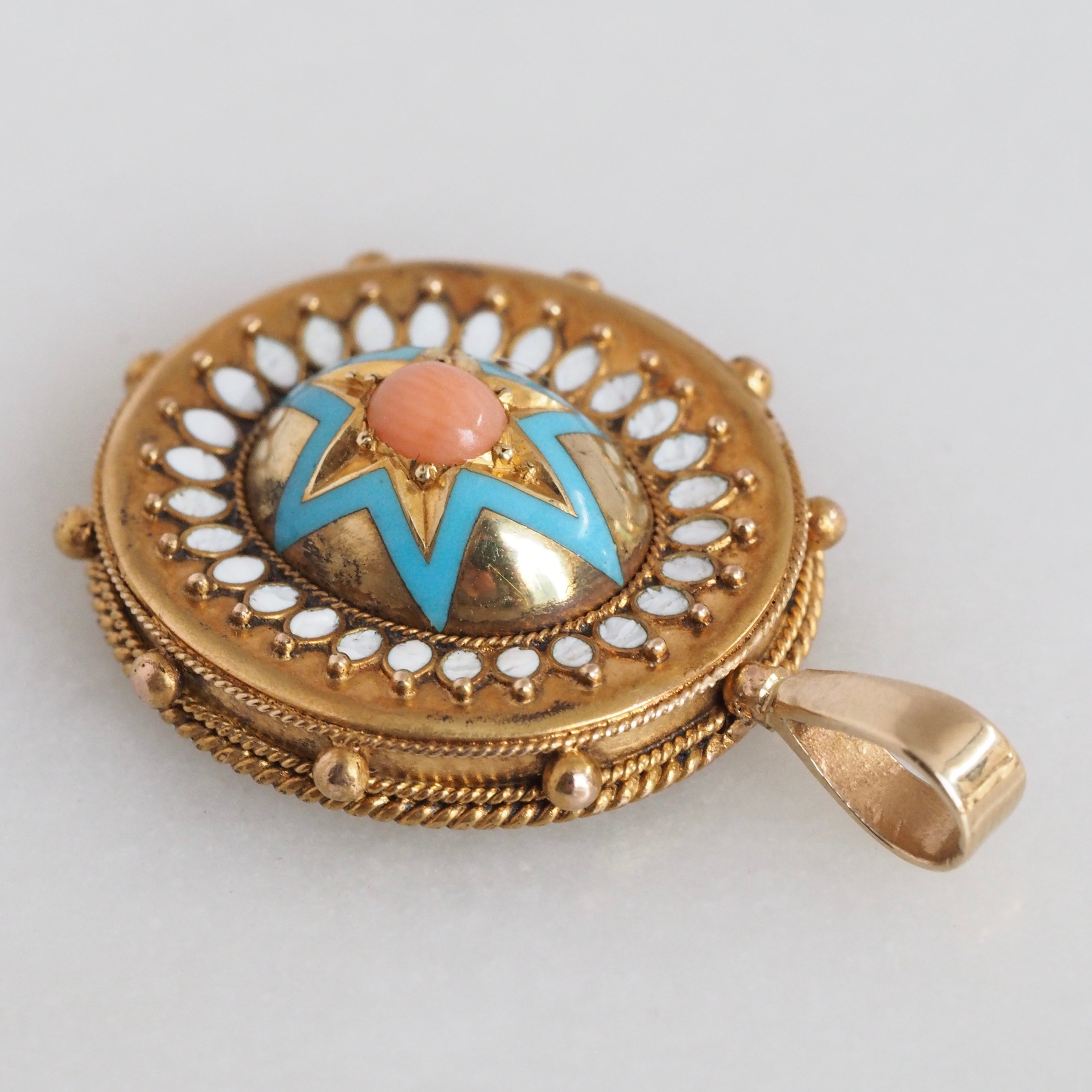 Antique Victorian 14k Gold Enamel and Coral Starburst Pendant