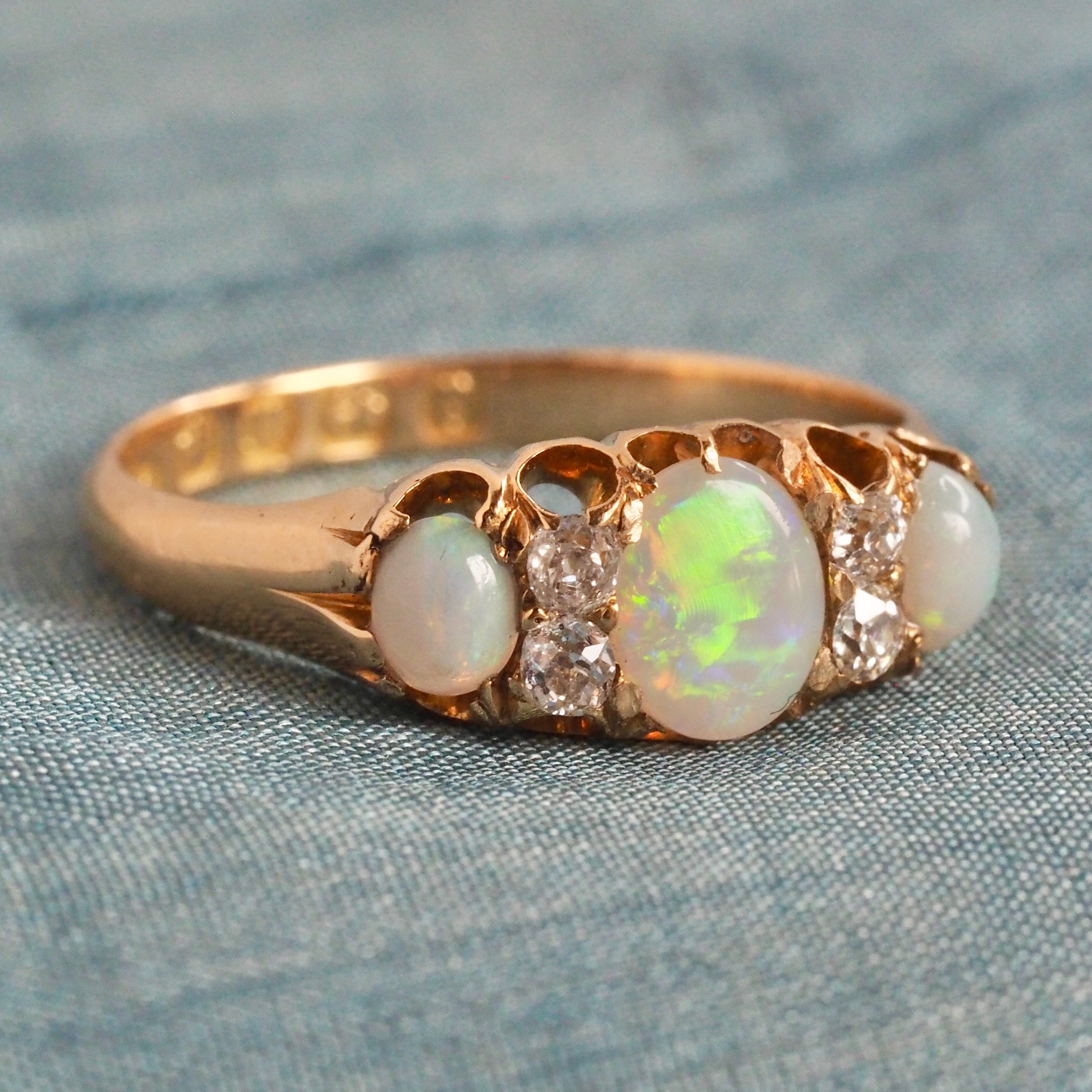 Antique Victorian c. 1890 18k Gold Opal and Old Mine Cut Diamond Ring
