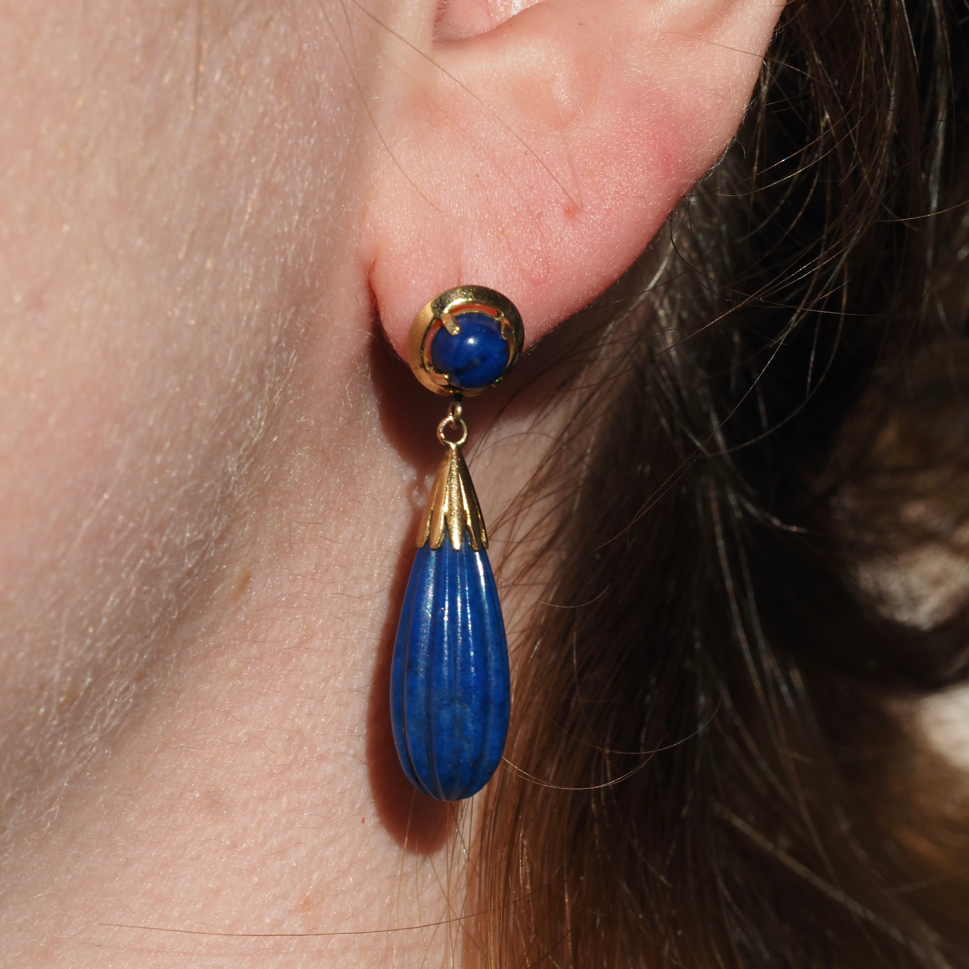 Vintage Lapis 10k Gold Drop Earrings