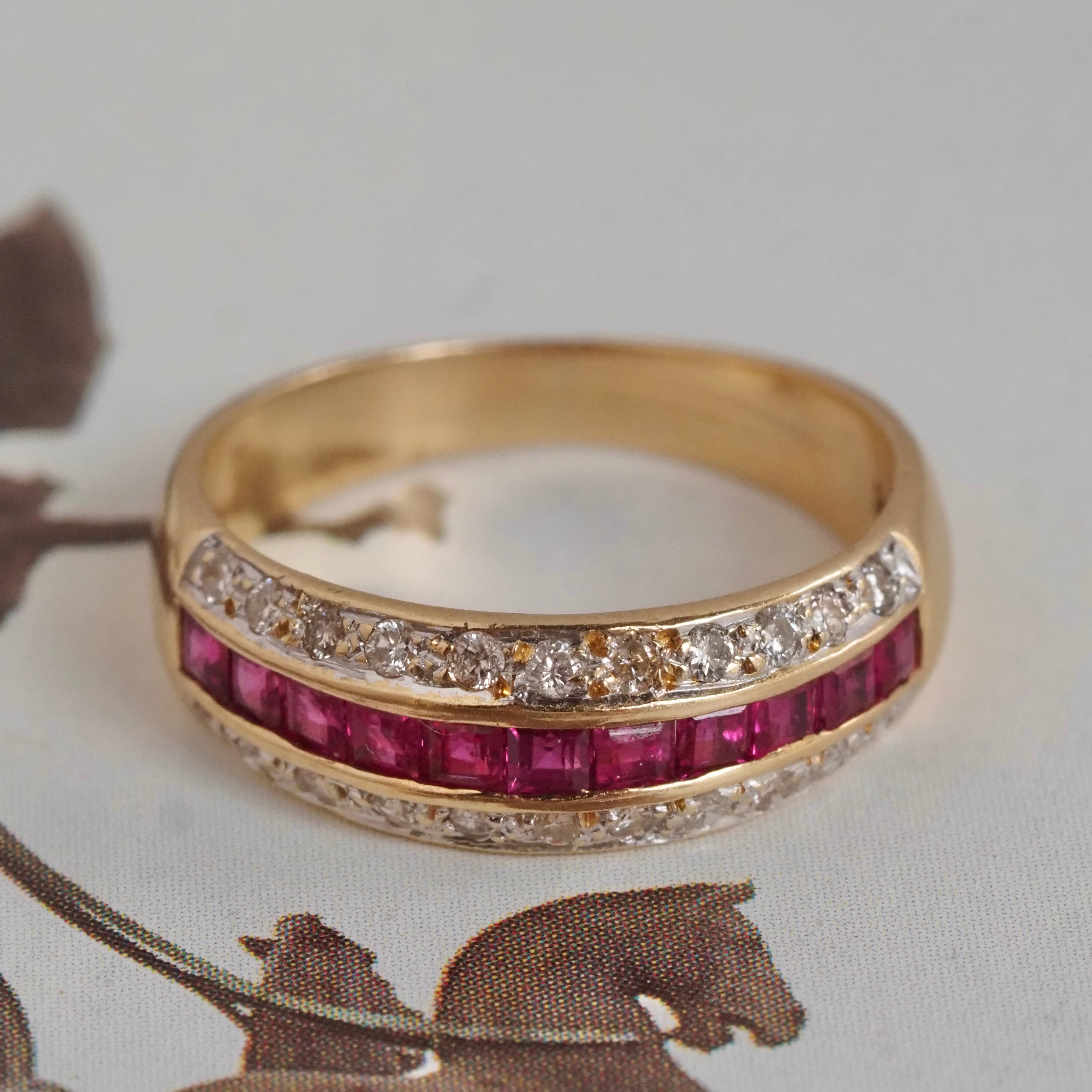 Vintage Channel Set Natural Princess Cut Ruby and Diamond 14k Gold Ring