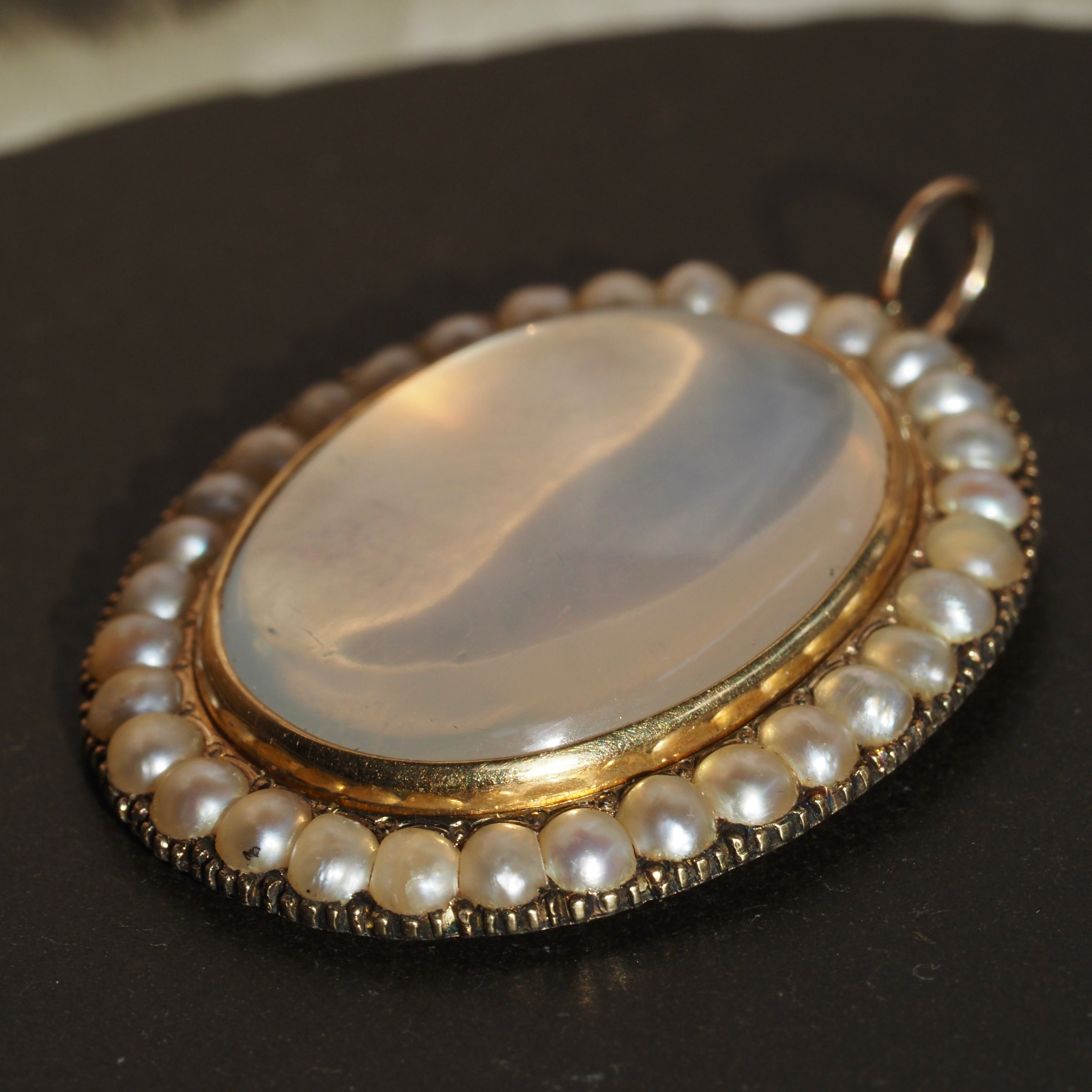 Antique Early Victorian ~1840s Moonstone & Pearl 14k Gold Pendant