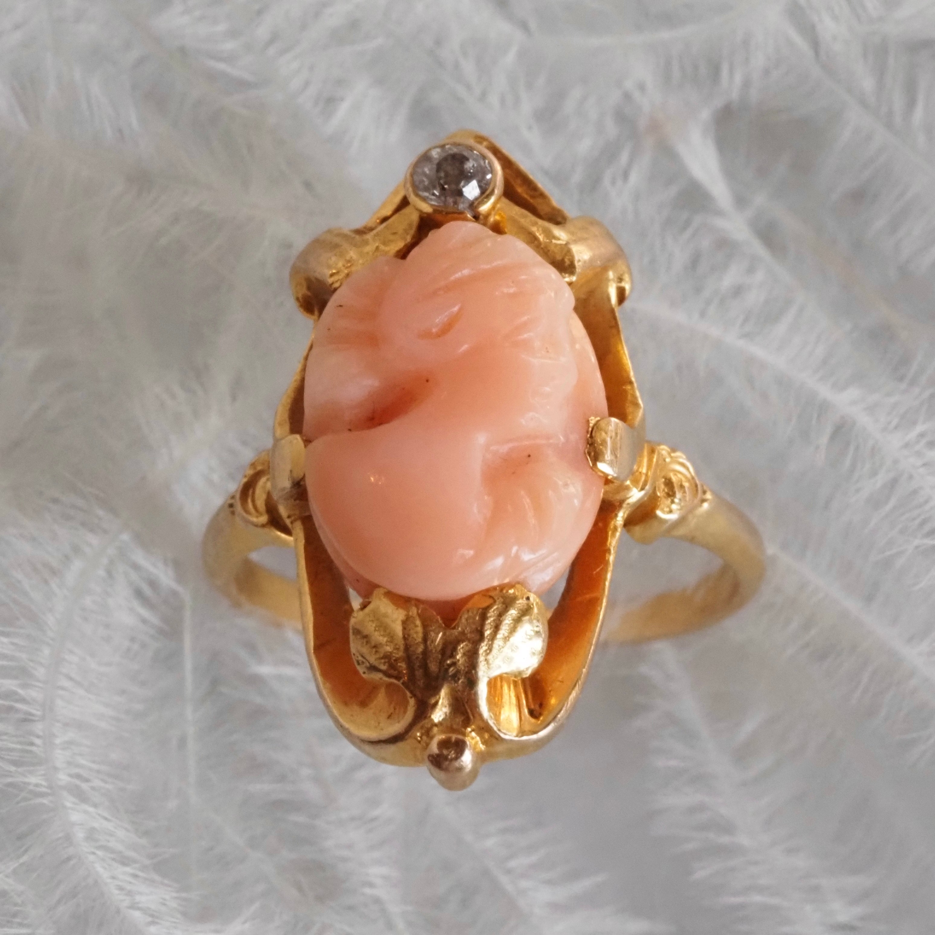 Antique Art Nouveau Bloomed 14k Gold Coral Cameo and Diamond Ring