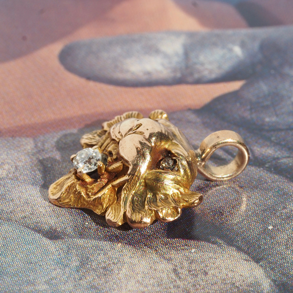 Antique Victorian Lion with Old Mine Cut Diamonds 14k Gold Pendant