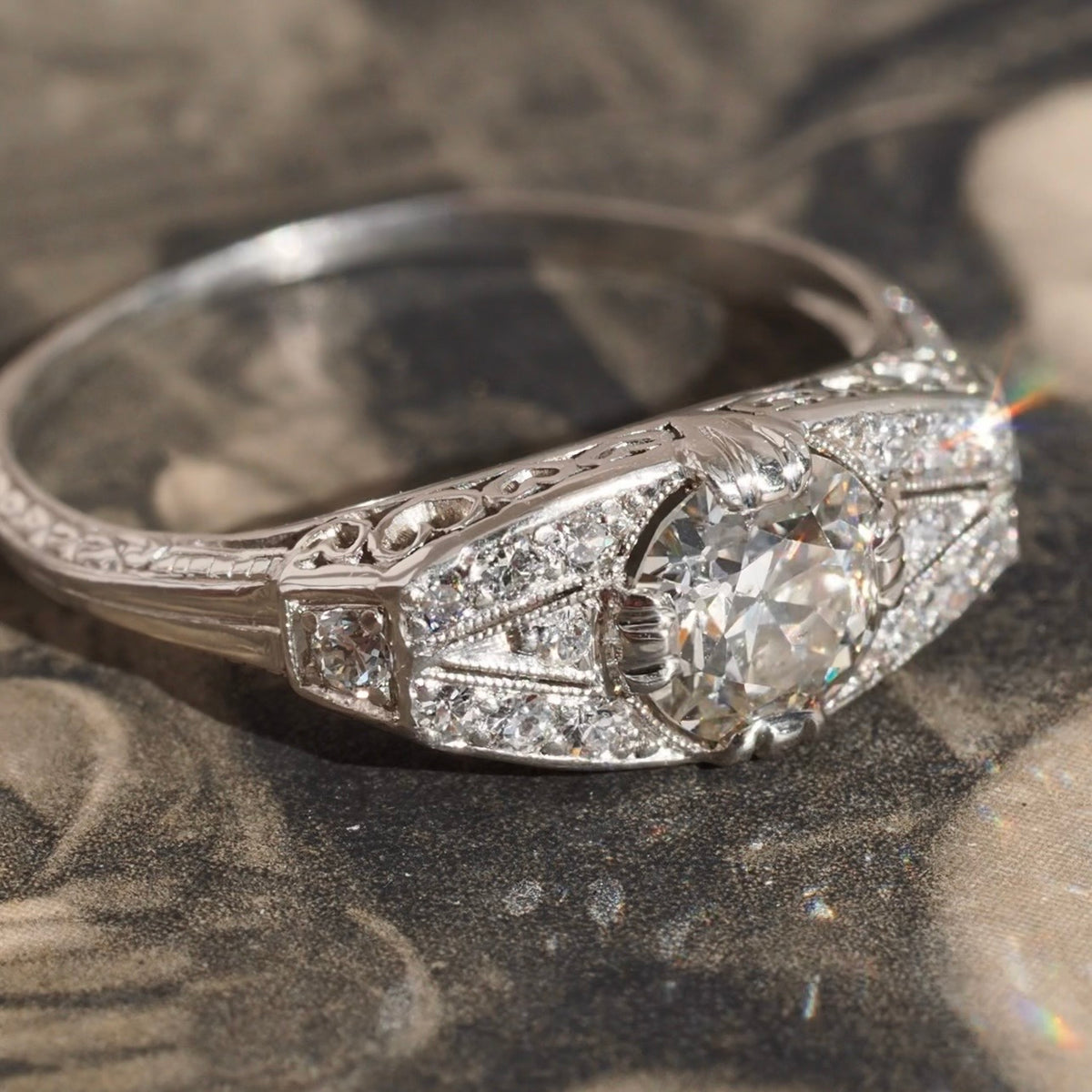 Antique Art Deco c. 1920s Platinum Old European Cut Diamond Engagement Ring