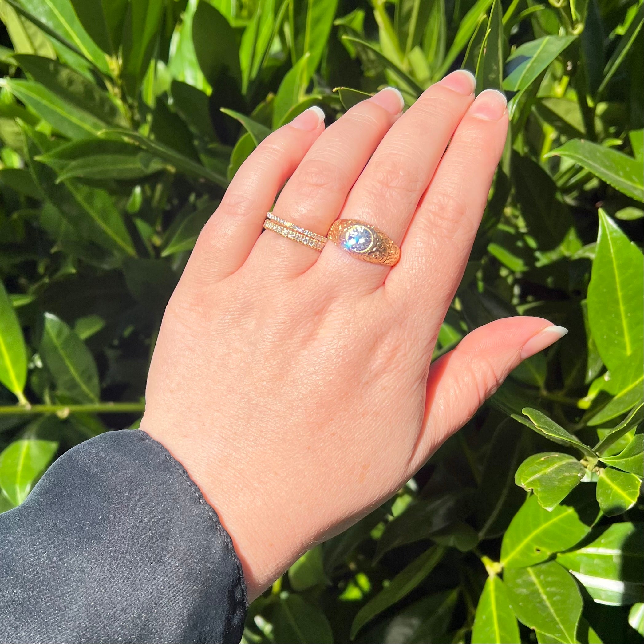 Vintage Portuguese Floral Engraved 19k Gold Old European Cut Diamond Ring