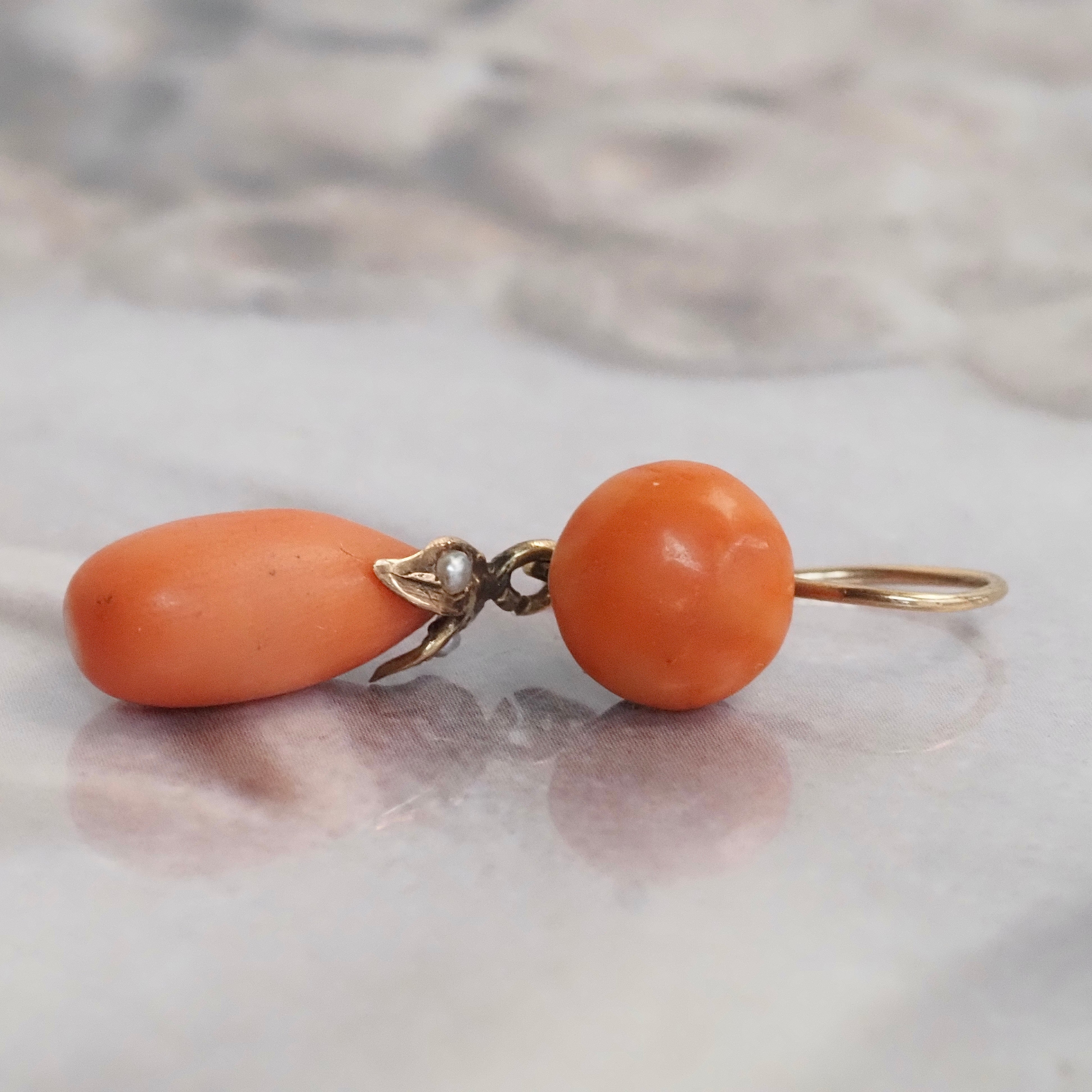 Antique Victorian Coral Pearl 10k Gold Drop Earrings