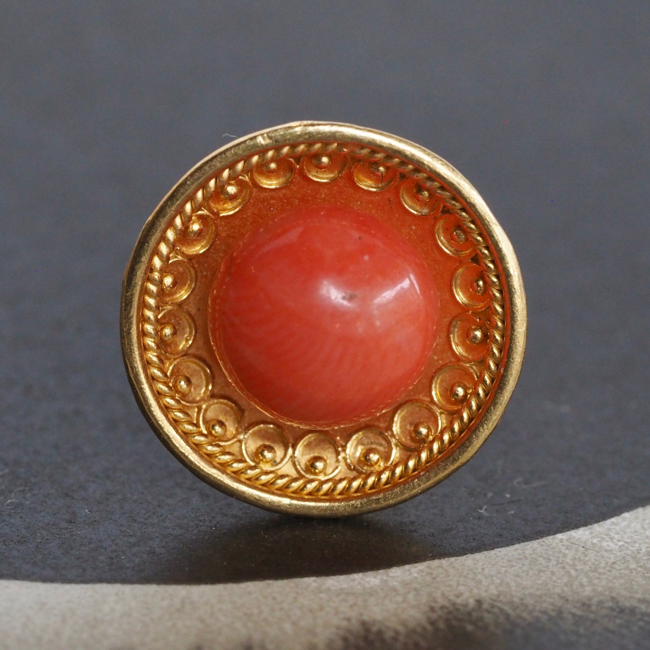 Antique Etruscan Style 18k Gold Coral Disc Earrings