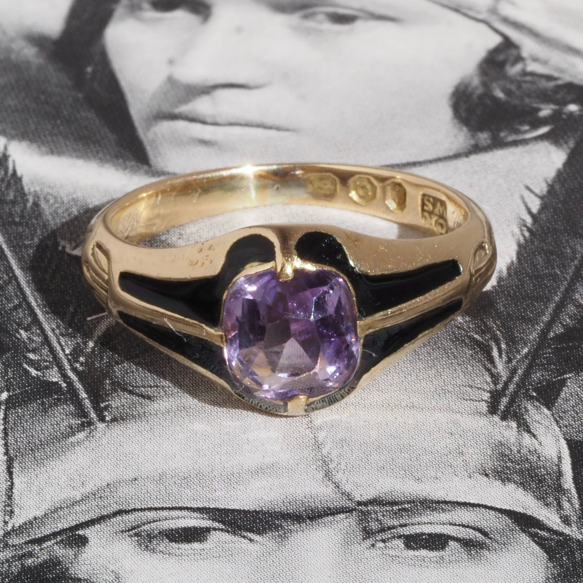 Antique c. 1844-45 Victorian English Amethyst and Black Enamel 14k Gold Ring