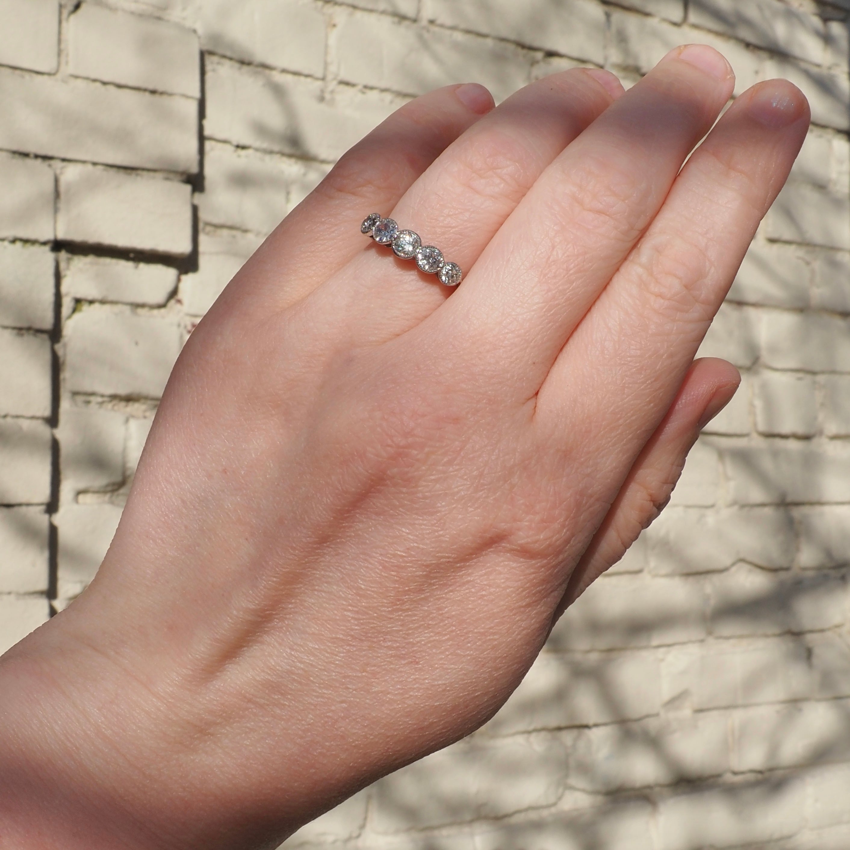 Antique Old European Cut Diamond Five Stone 18k White Gold Ring