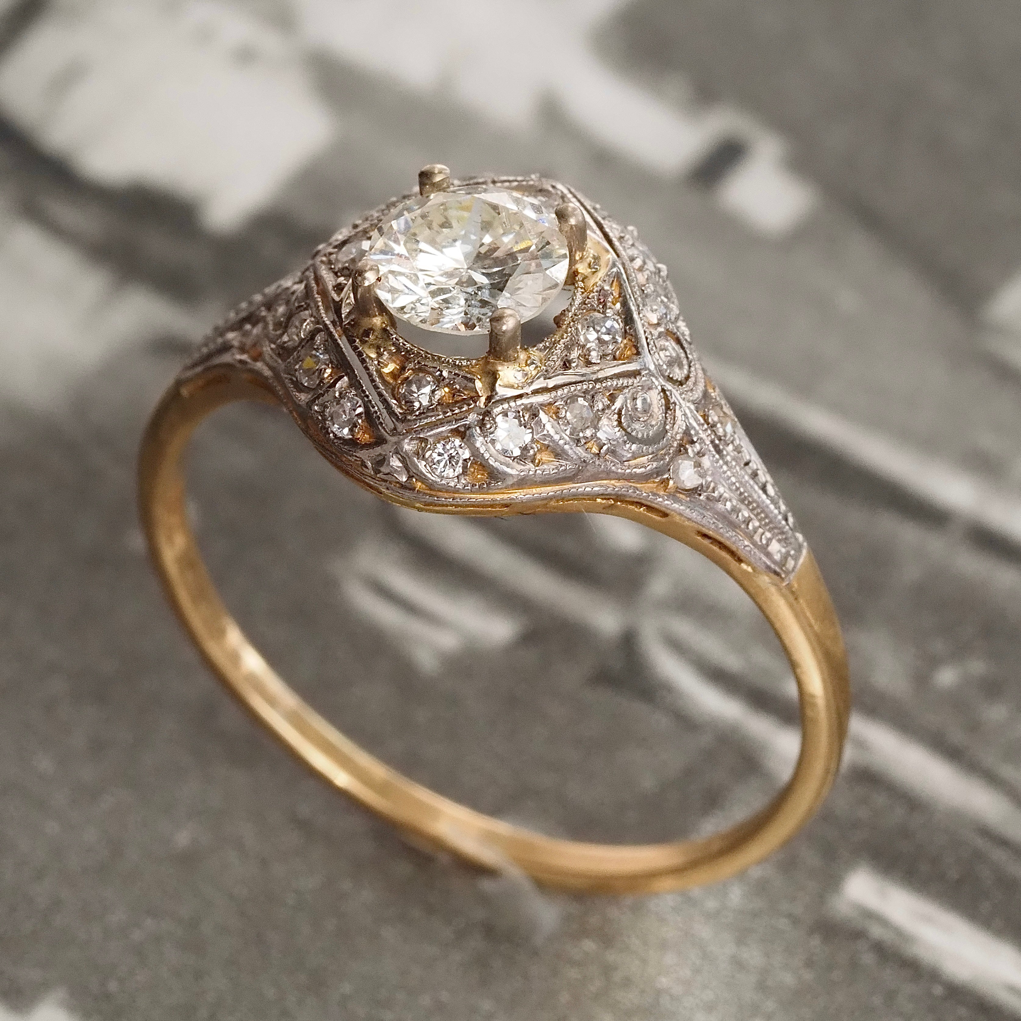 Antique Spanish Art Deco Round Brilliant Cut Diamond Solitaire Engagement Ring
