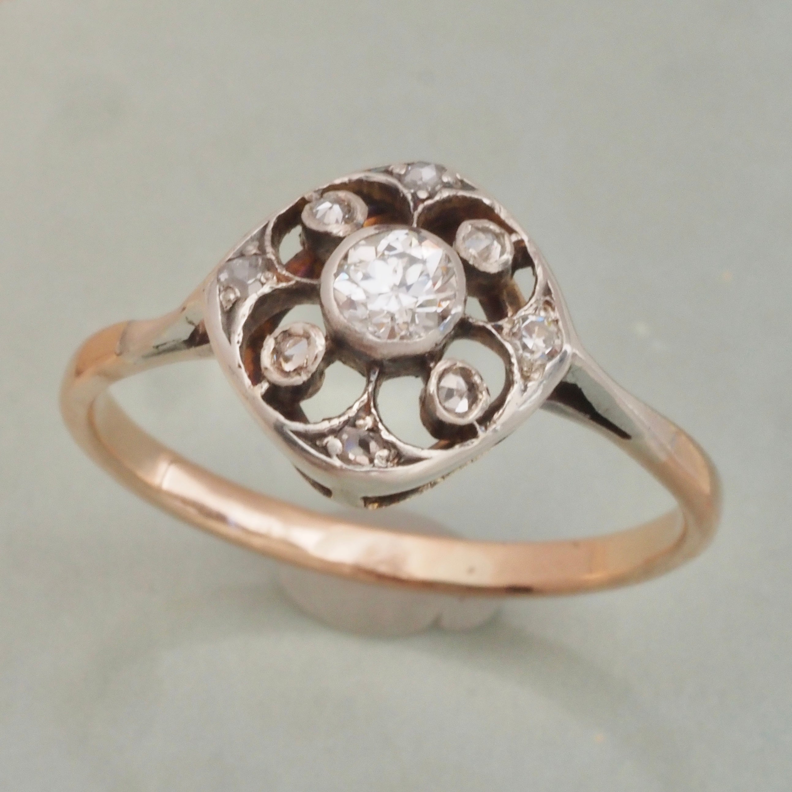 Antique Edwardian 14k Gold Old European Cut Diamond Quatrefoil Ring