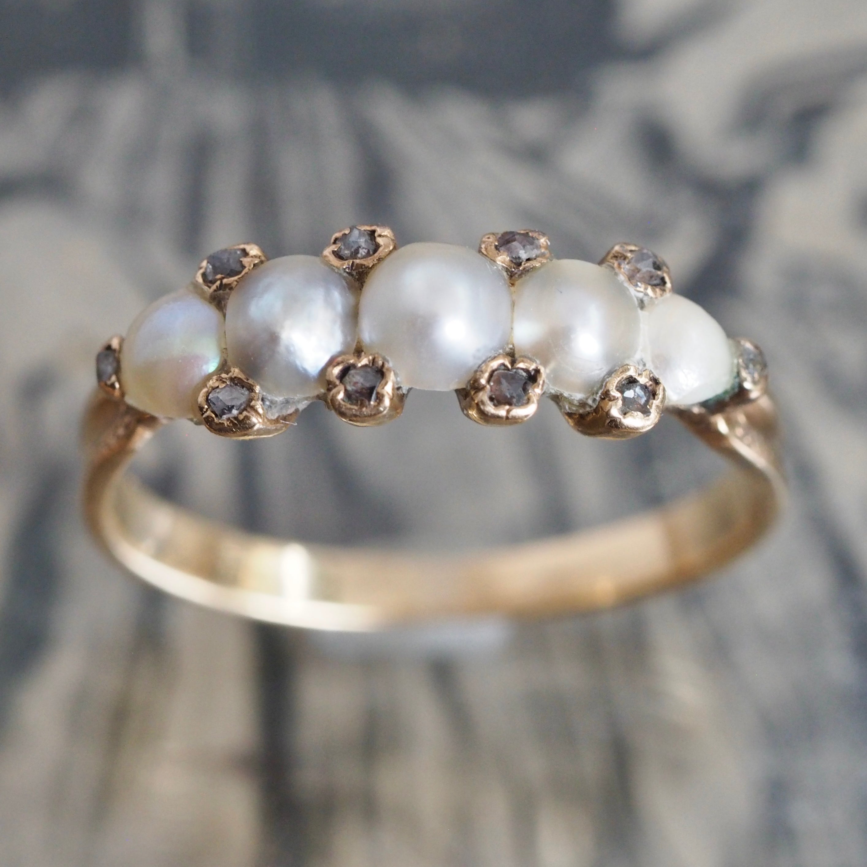 Antique Georgian 14k Gold Pearl and Rose Cut Diamond Ring