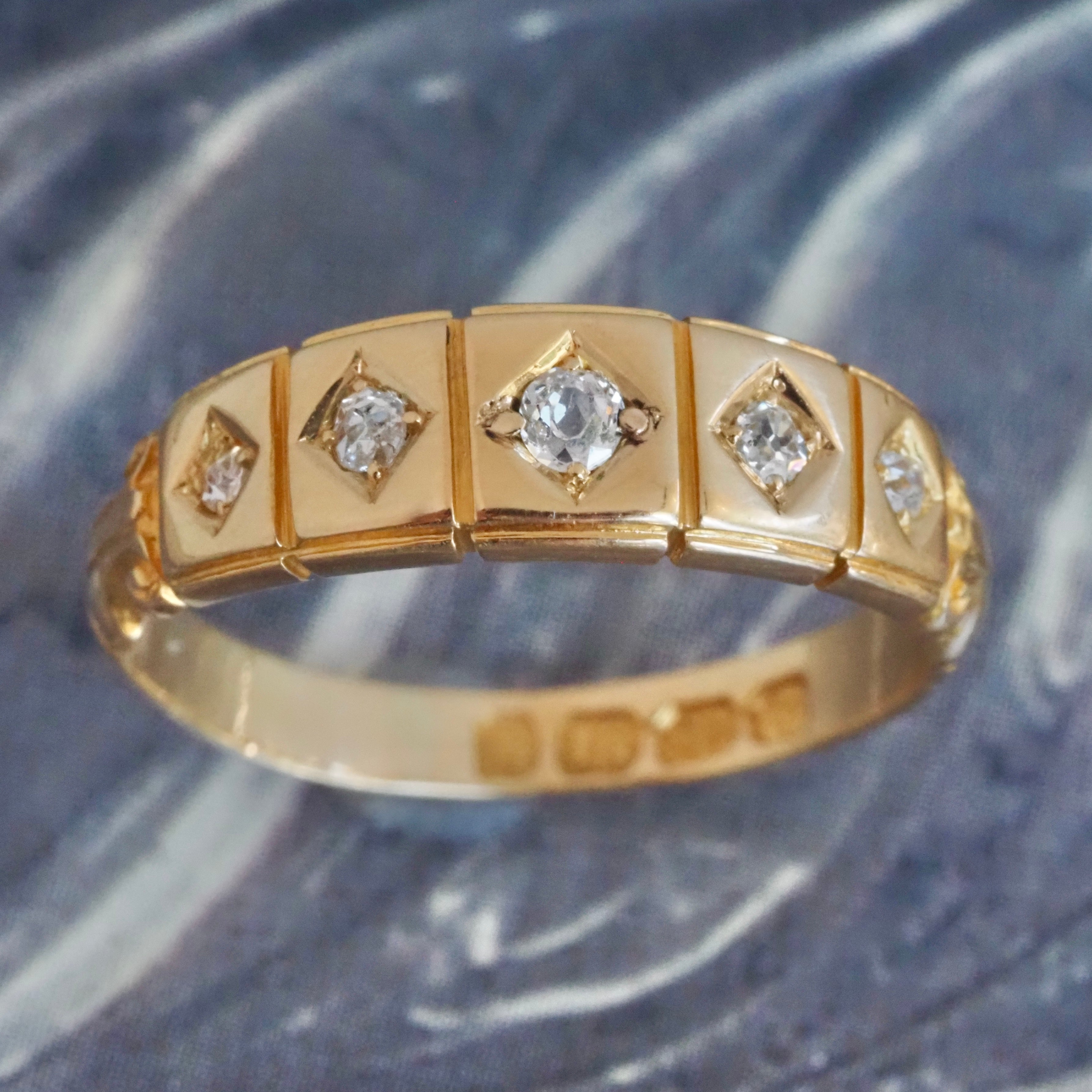 Antique c. 1890 English 18k Gold Flush Set Five Stone Diamond Ring