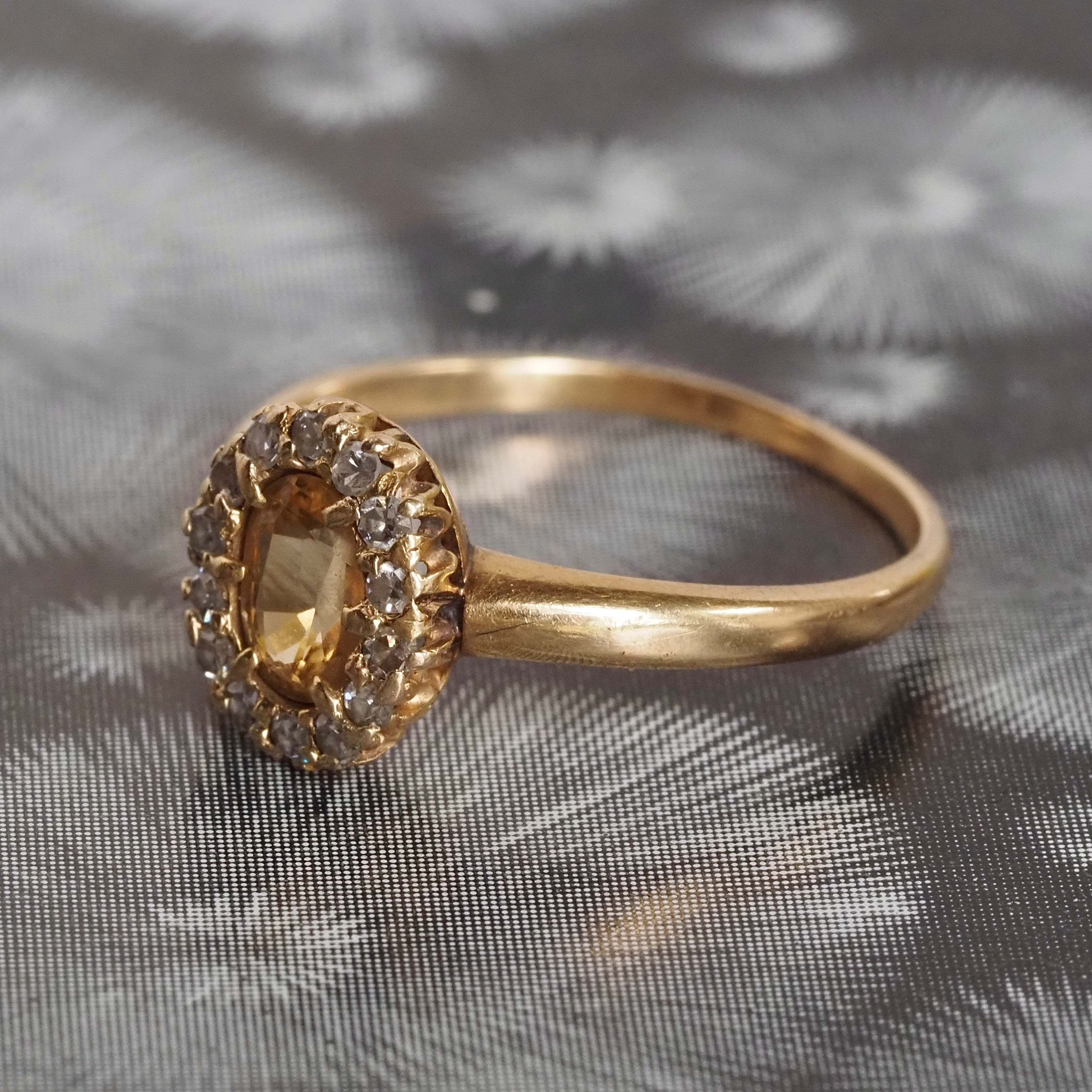Antique Yellow Topaz and Diamond Halo 18k Gold Ring