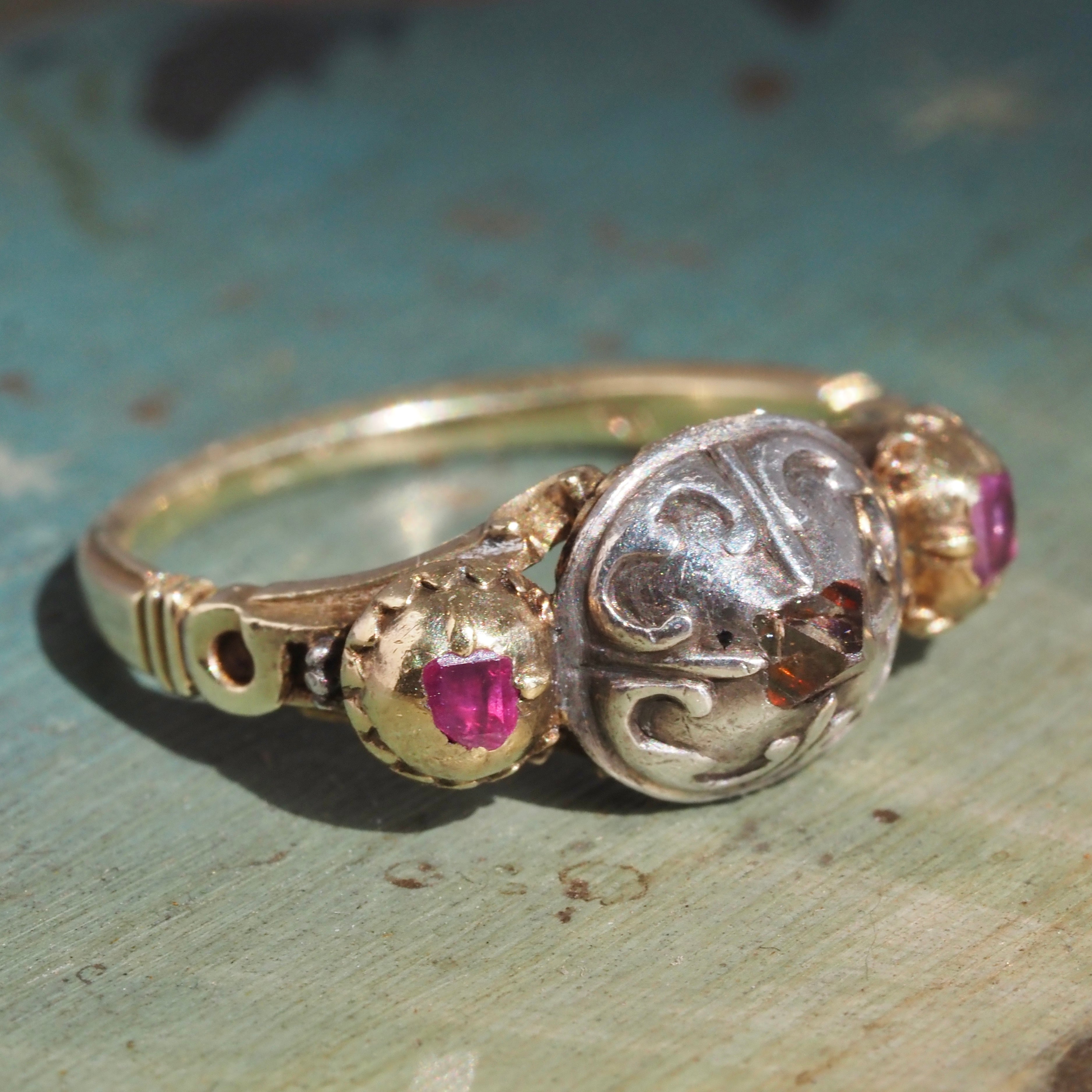 Antique Late 17th Century Baroque 18k Gold and Sterling Silver Point Cut Diamond and Table Cut Ruby Ring