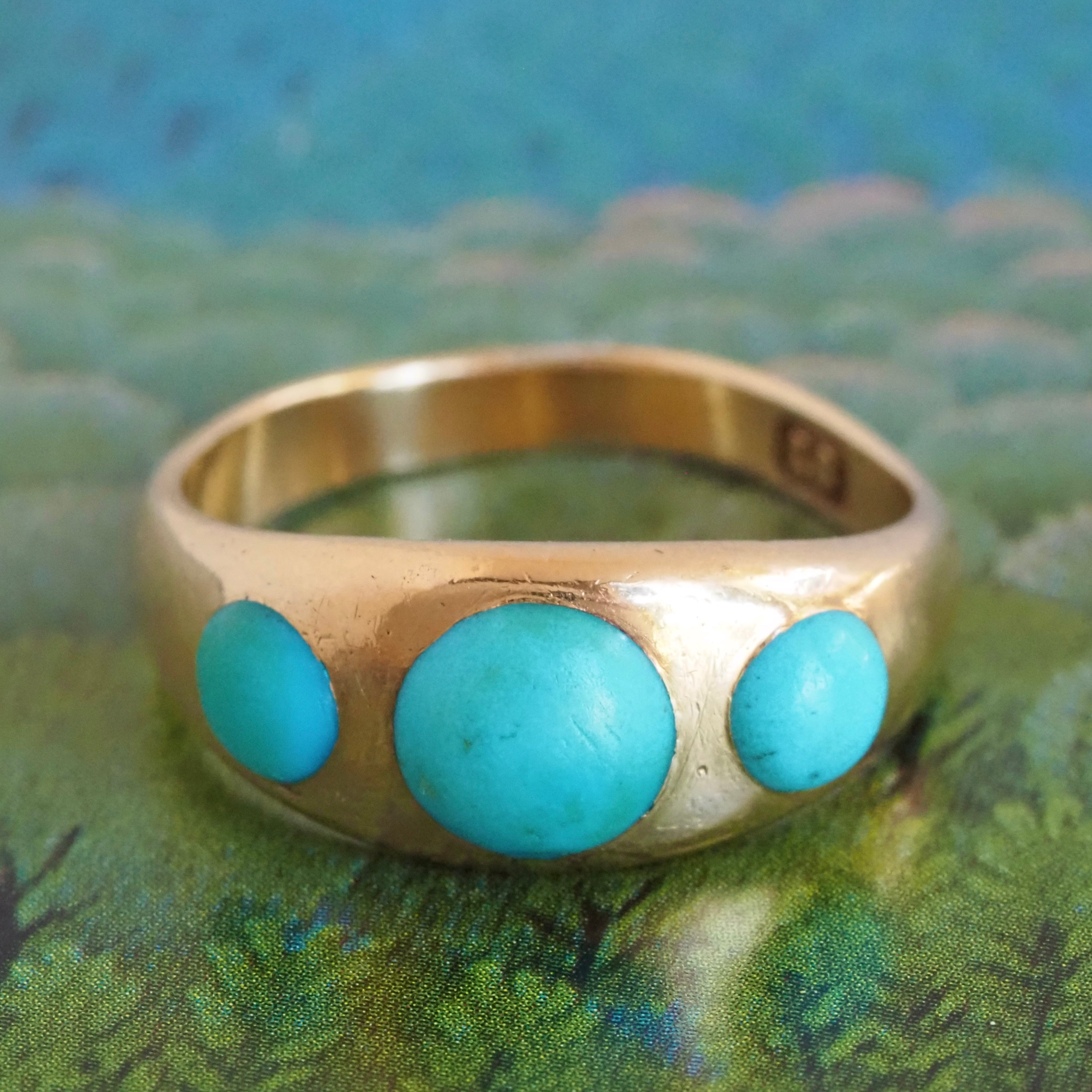 Antique Victorian Turquoise Flush Set Trilogy 18k Gold Ring
