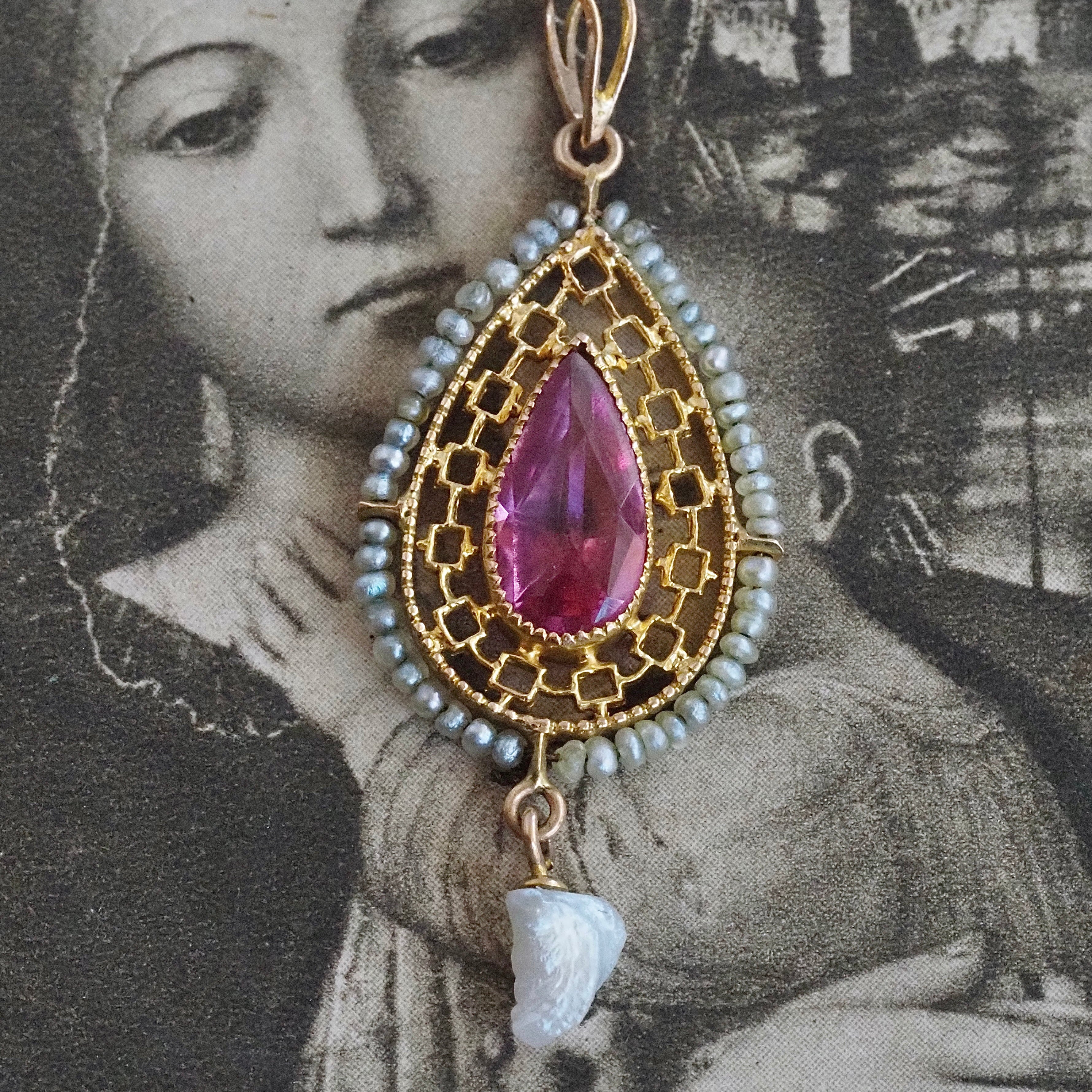 Antique 10k Gold Seed Pearl Tourmaline Lavalier Pendant