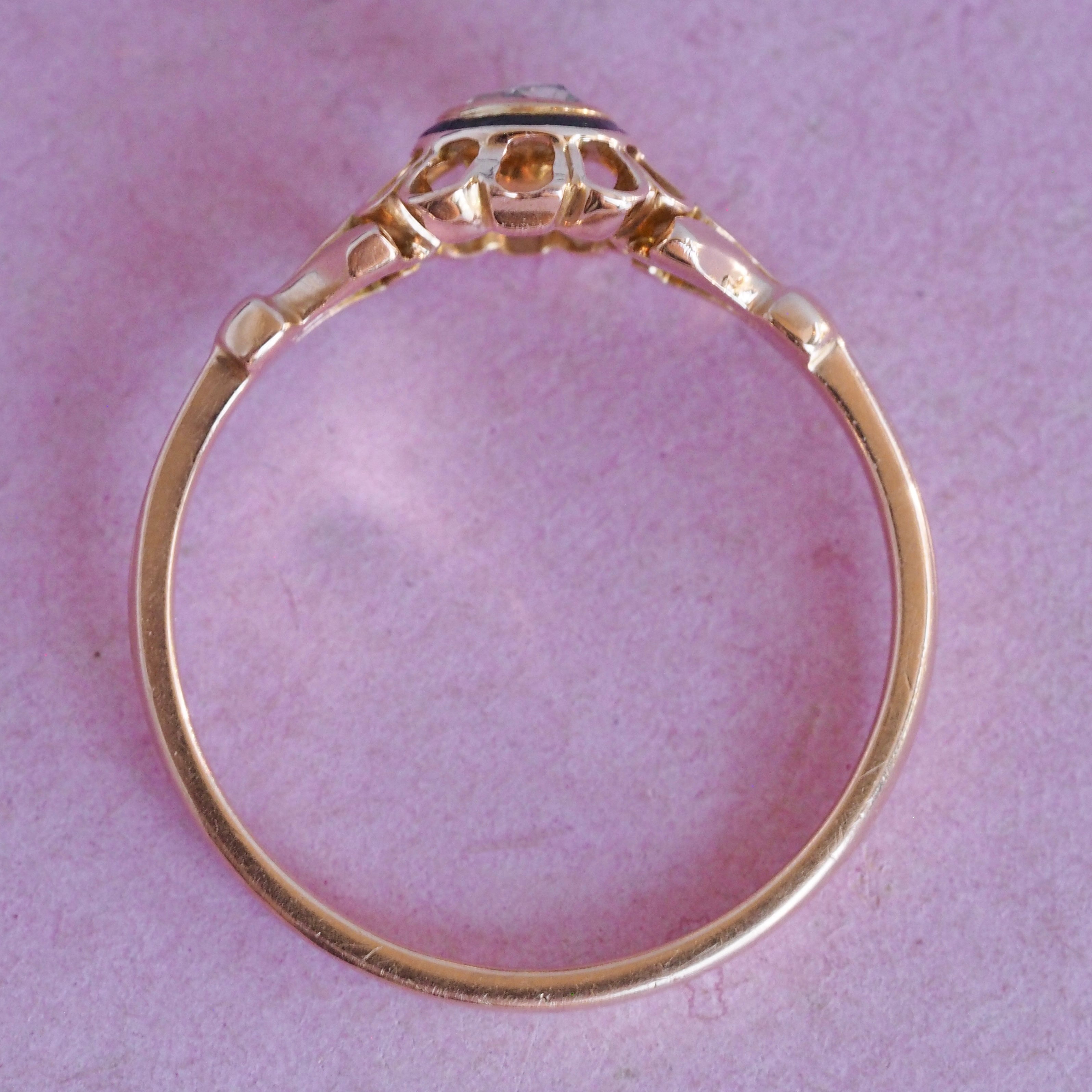 Antique Victorian 18k Rose Gold Foiled Back Rose Cut Diamond and Enamel Ring