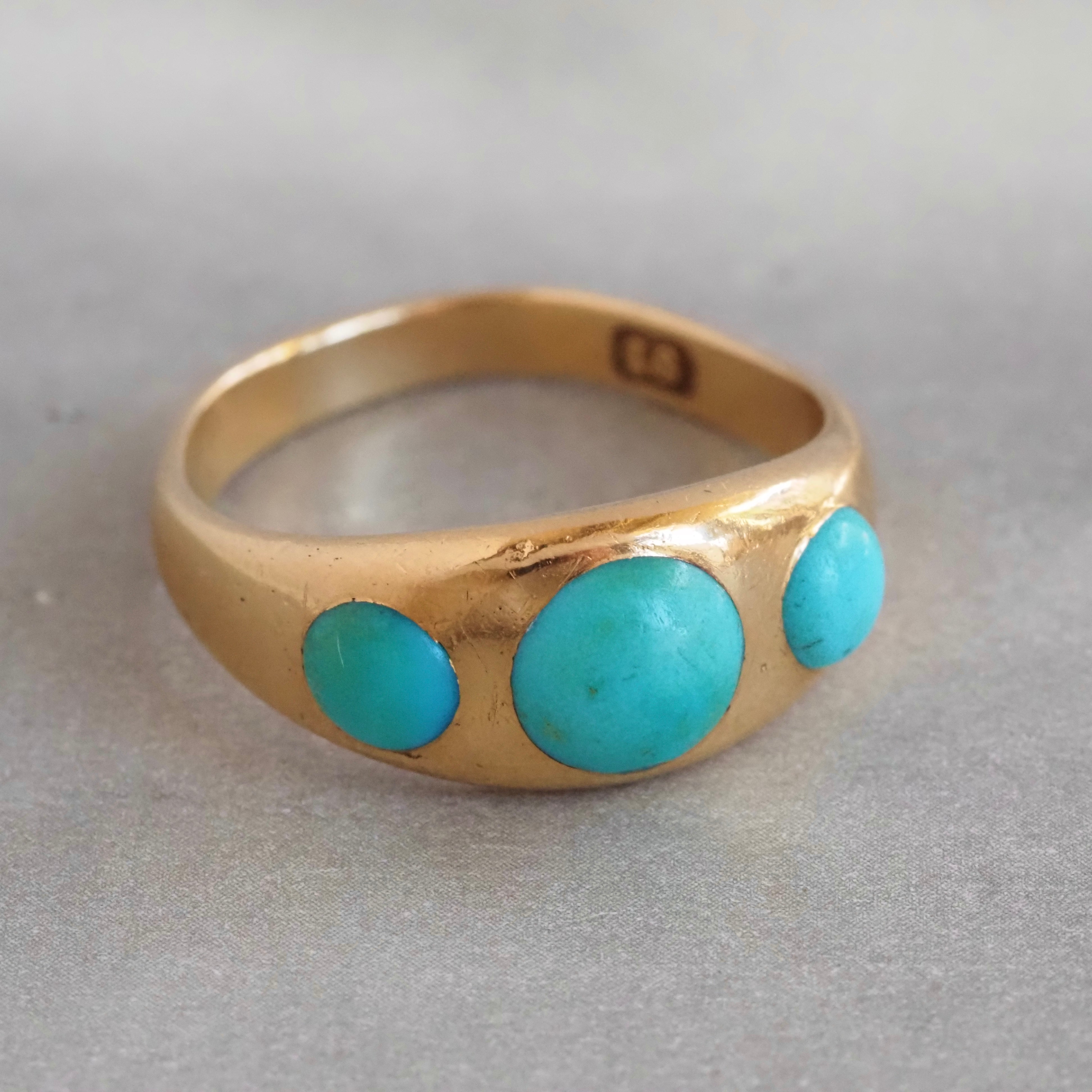 Antique Victorian Turquoise Flush Set Trilogy 18k Gold Ring