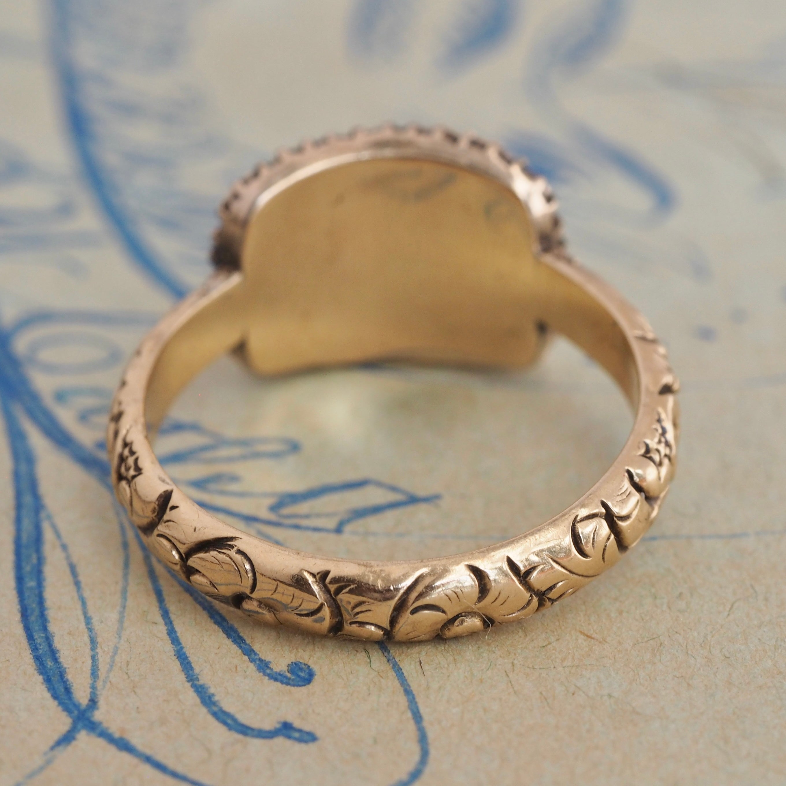 Antique Georgian 14k Gold Seed Pearl and Braided Hair Mourning Engraved Ring
