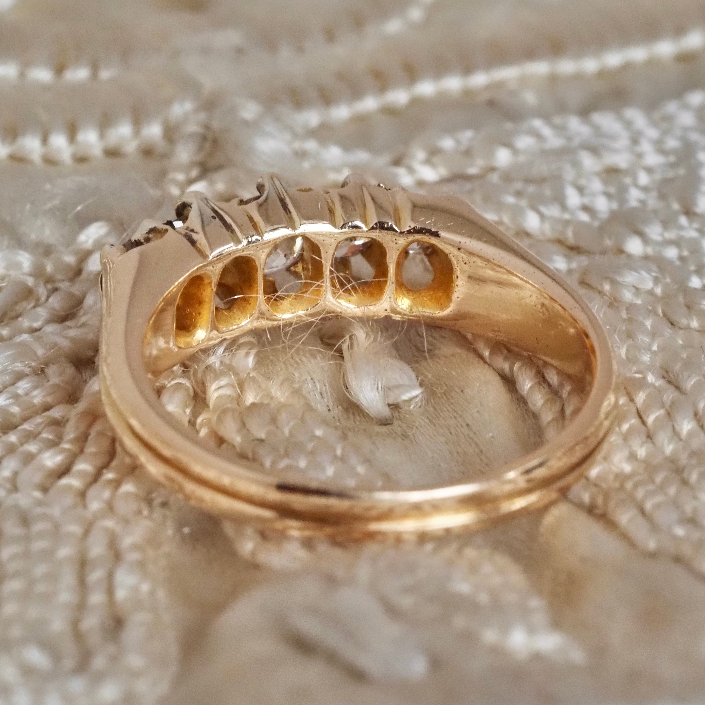 Antique c. 1890s Five Stone Cushion Old Mine Cut Diamond 14k Gold Engagement Ring