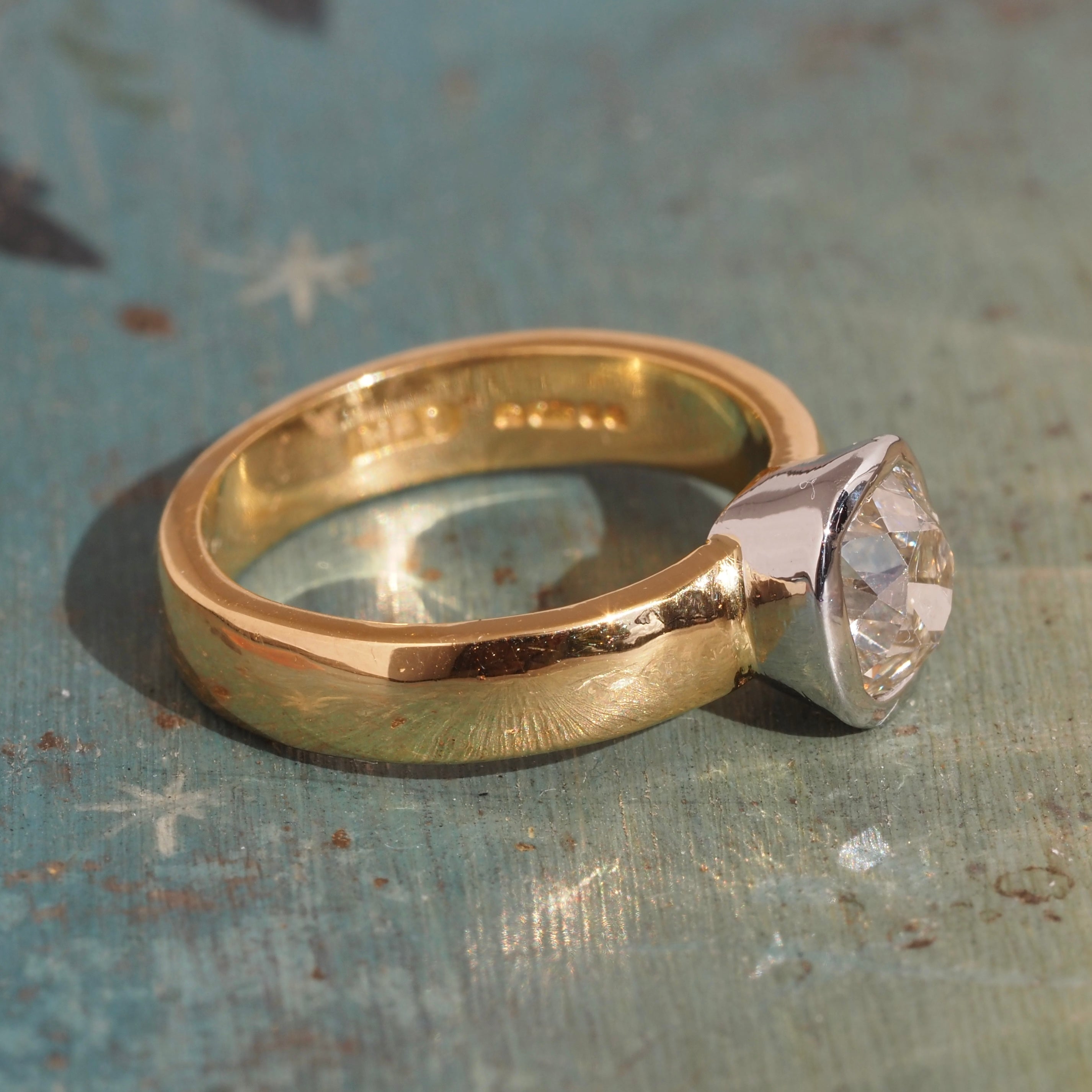 Vintage English 22k Gold Platinum Bezel Set 1.10ct Old Mine Cut Diamond Engagement Ring