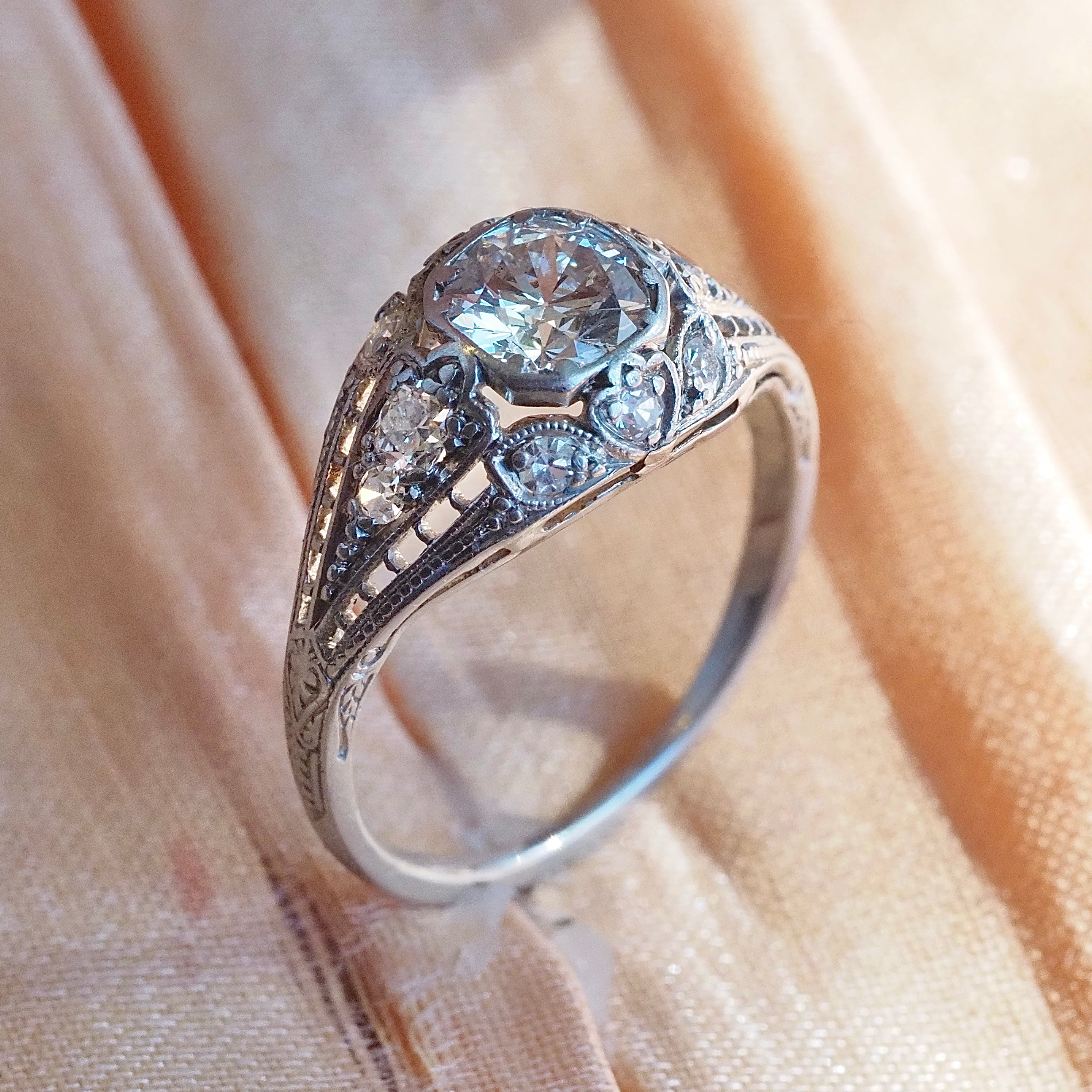 Antique Art Deco Platinum Old European Cut Diamond Engagement Ring